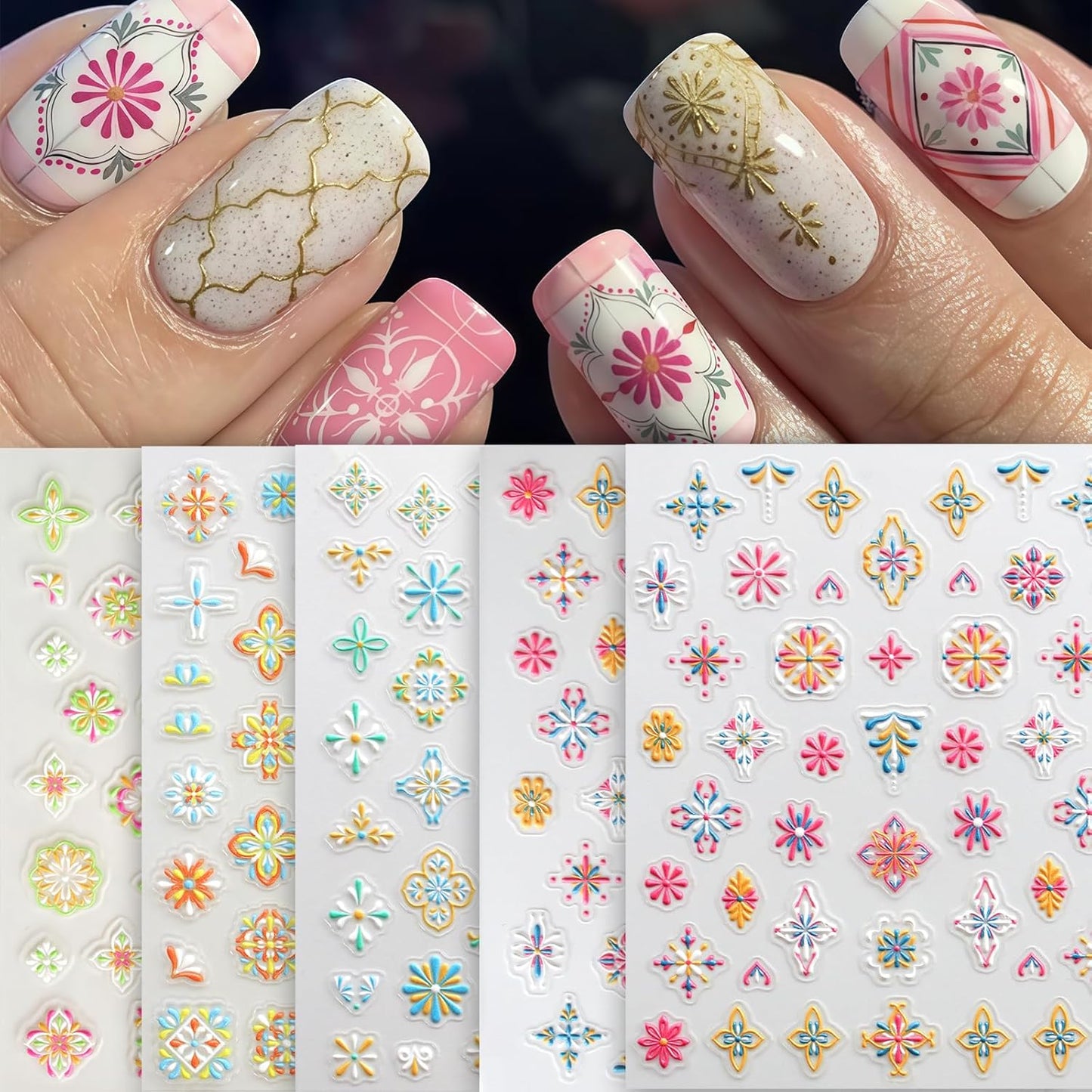 5 Sheets Bohemian Style Nail Decals Embossed Flower Star Nail Art Stickers 5D Self-Adhesive Metallic Lace Lines Bohemia Carving Floral Nail Designs Star Flower Nails Decoration for Women Nail Supplies