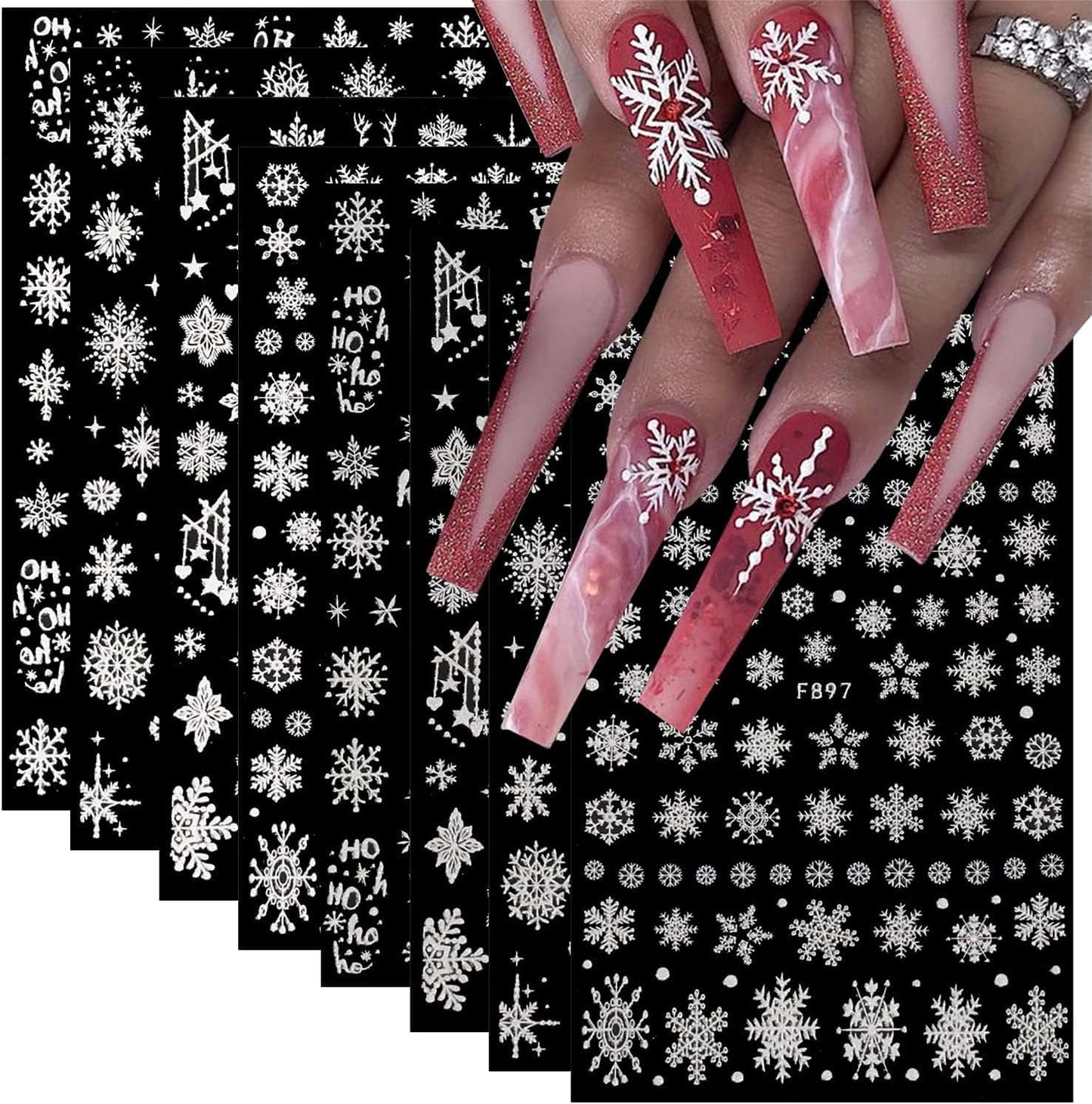 8 Sheets 3D Snowflake Nail Art Stickers Winter Christmas Nail Decals Glitter White Silver Snowflake Nail Stickers Self Adhesive Xmas Snow Nail Design Holiday Christmas Nail Decoration for Women Girls