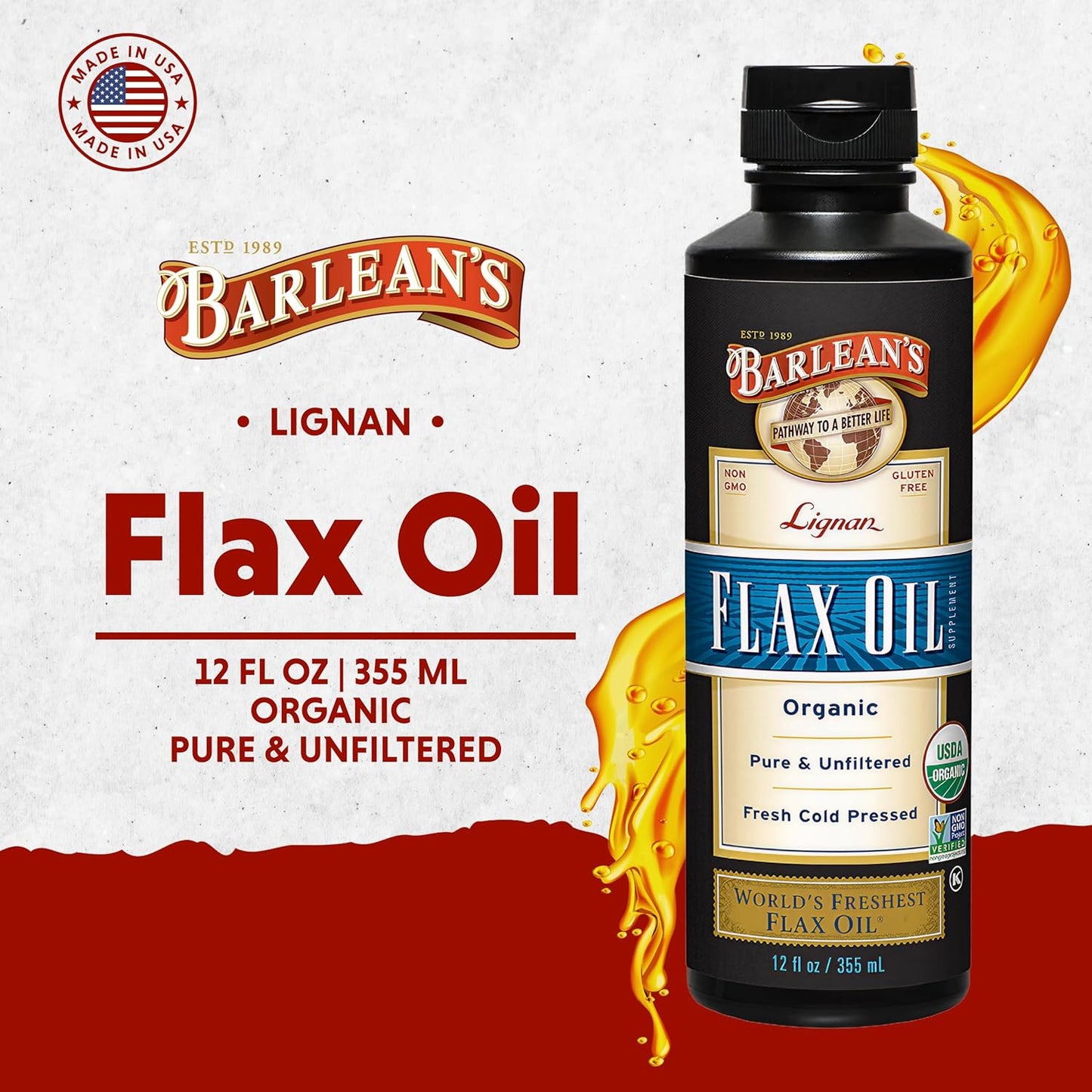 Barlean's Organic Lignan Flaxseed Oil Liquid Supplement from Cold Pressed Flax Seeds, 7,230 mg ALA Omega-3 Fatty Acids for Healthy Hair, Skin, and Eyes, Gluten Free, 12 oz