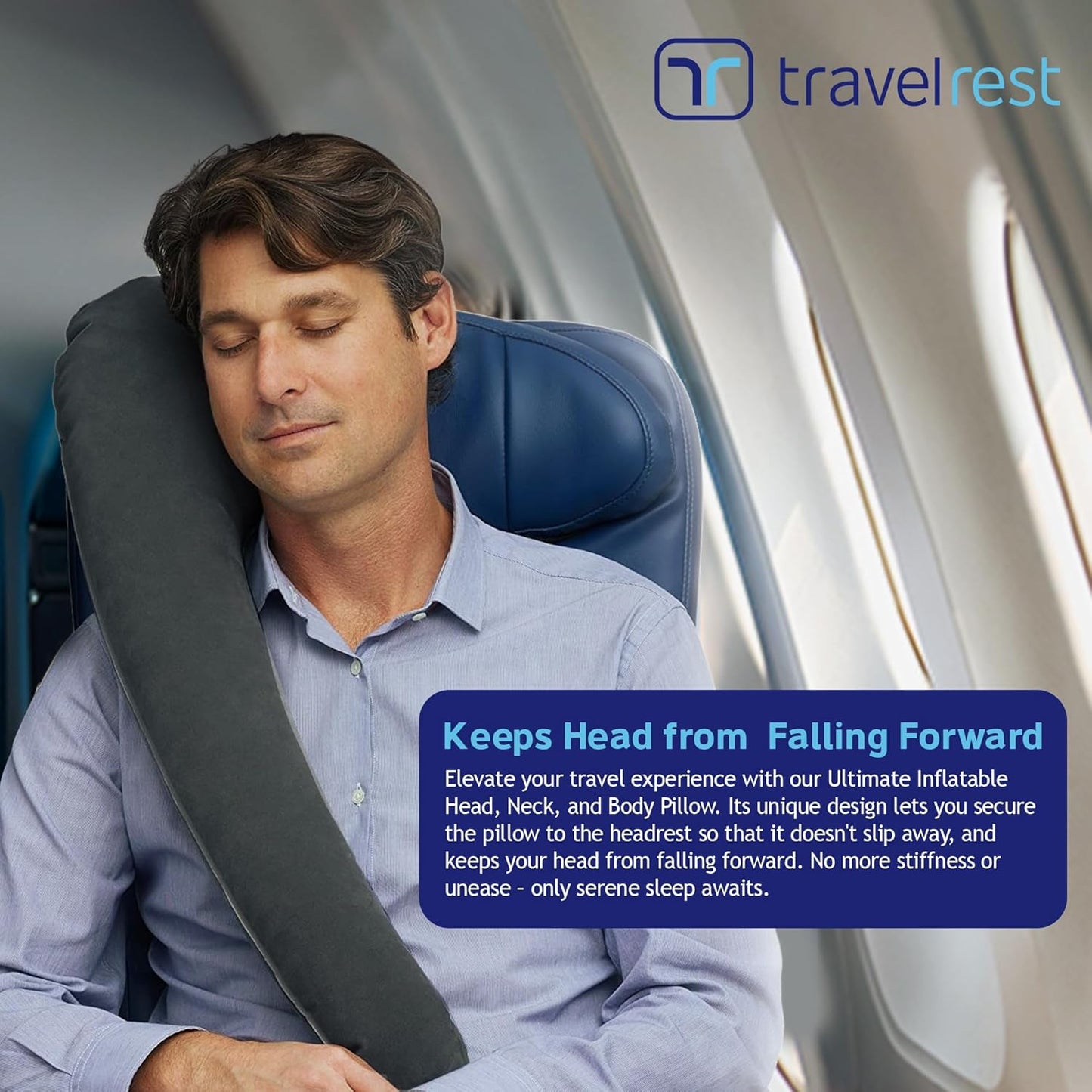 TRAVELREST Ultimate Inflatable Travel Neck & Body Pillow - Travel Essentials, Comfort and Upper Body Support, Airplane Neck Pillow for Long Flight, Straps to Airplane Seat & Car, for All Ages - Grey