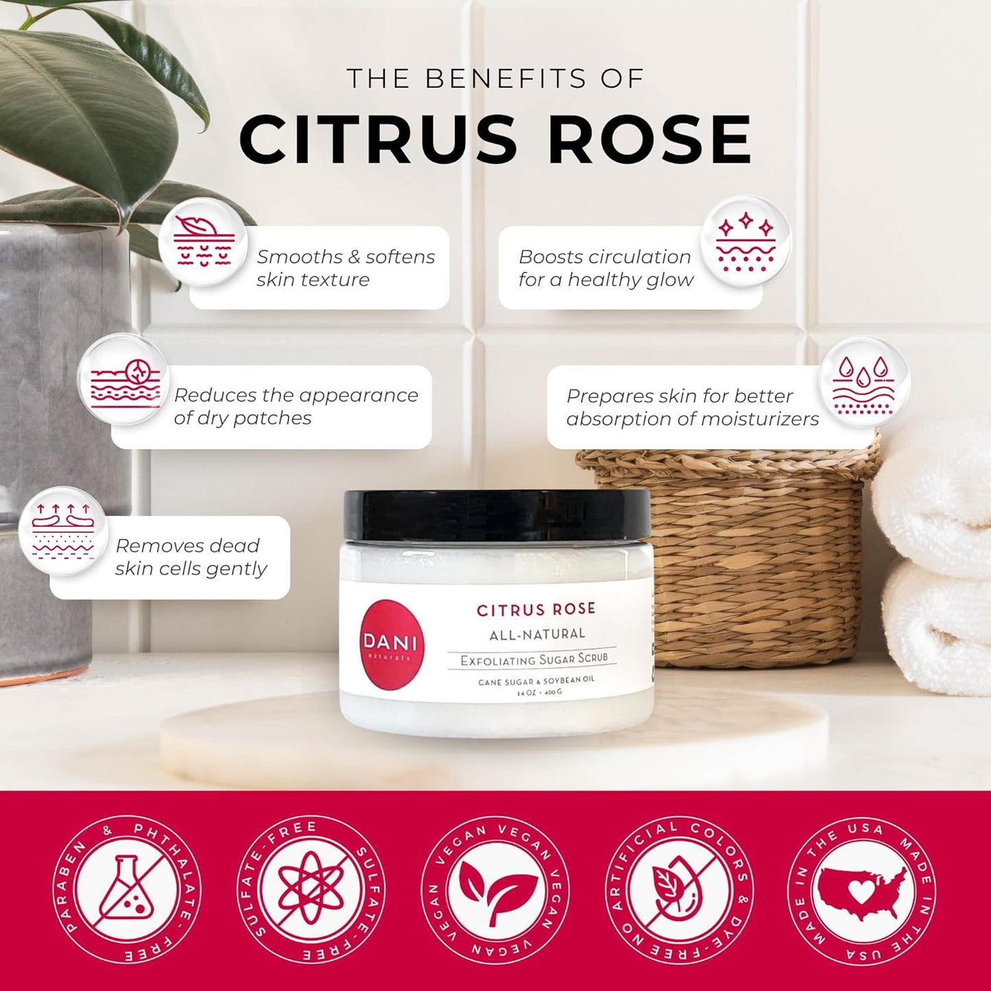 Naturals Exfoliating Sugar Scrub - Citrus Rose - Organic Cane Sugar & Shea Butter - Deep Hydration & Gentle Exfoliation for Smooth, Radiant Skin - 14 oz