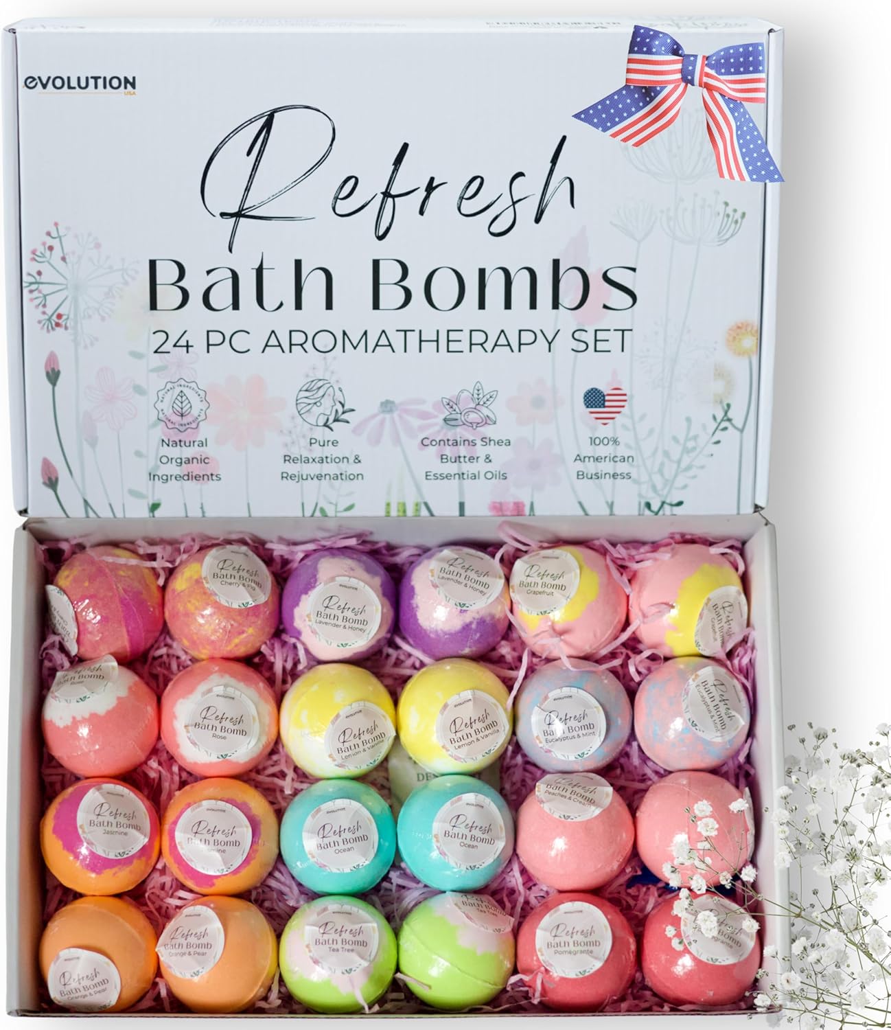 EvolutionUSA Refresh Bath Bombs for Women, 24 Lush Bath Bombs Mini Sized, Luxurious Womens Gift for Mother's Day, Easter, Birthday or Self Care, Luxurious & Relaxing Bathbombs, Womens Bath Balls