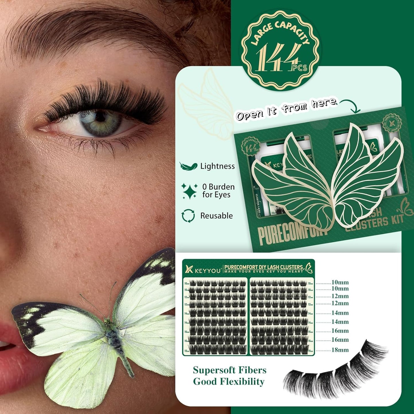 KEYYOU Lash Extension Kit 144pcs Thick Super Soft Lash Clusters with Lash Bond and Seal Lash Glue Remover Lash Applicator and Lash Brush Easy to DIY at Home（PC02-D-10-18MIX）