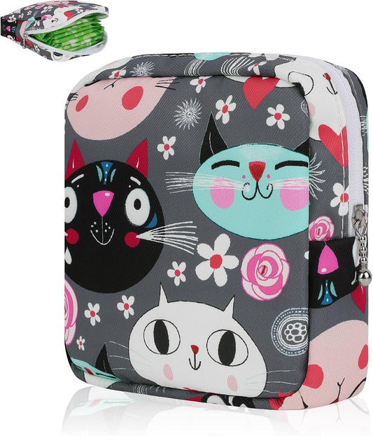Desing Wish Sanitary Pad Storage Bag Portable Period Bag for Teen Pads/Sanitary Napkins/Small Tampons, Sanitary Napkin Storage Bag First Period Gifts for Teen Girls (Grey Cats)