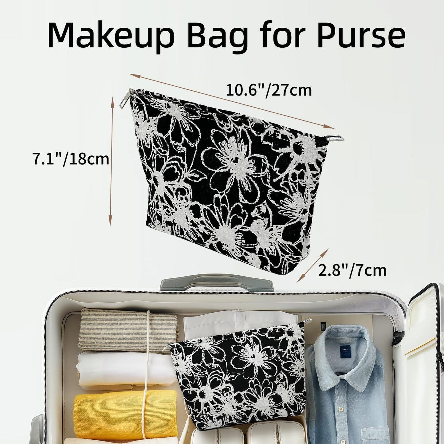 Floral Makeup Bag for Women,Travel Makeup Pouch for Purse, Black Zippered Pouch, Canvas Make Up Bag L Comfortable Lightweight Makeup Bag, Zipper Bag Cosmetic Bag for Women