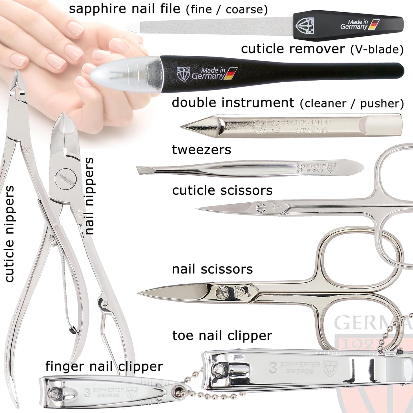 3 Swords Germany - brand quality 10 piece manicure pedicure grooming kit set for nail care scissors clipper mint synthetic leather case - Made by 3 Swords