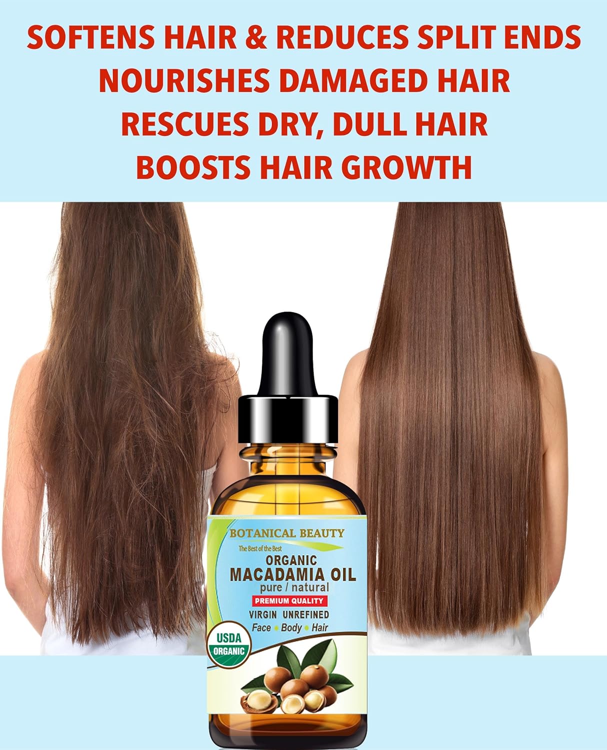 Botanical Beauty Organic MACADAMIA OIL 100% Pure Natural VIRGIN UNREFINED Cold-Pressed Carrier Oil for Face, Skin, Body, Hair, Lip, Nails. Rich in Vitamin E (2 Fl Oz)