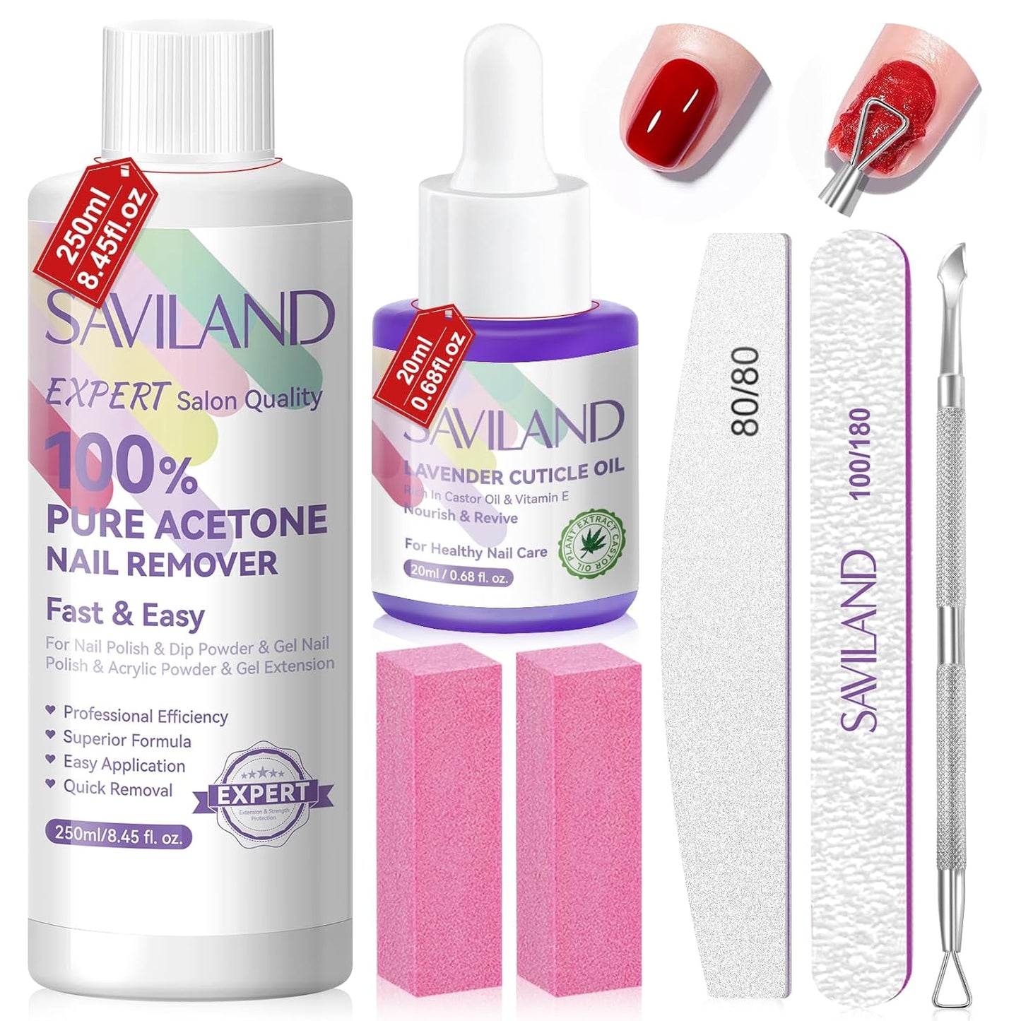 SAVILAND 100% Acetone Nail Polish Remover Kit: Ultra-Powerful Gel Remover with Cuticle Oil Rich in Castor Oil & VE for Repairing Nail, Nail File Buffer Tools for Dip Acrylic Remove Home Salon 8.45 Oz
