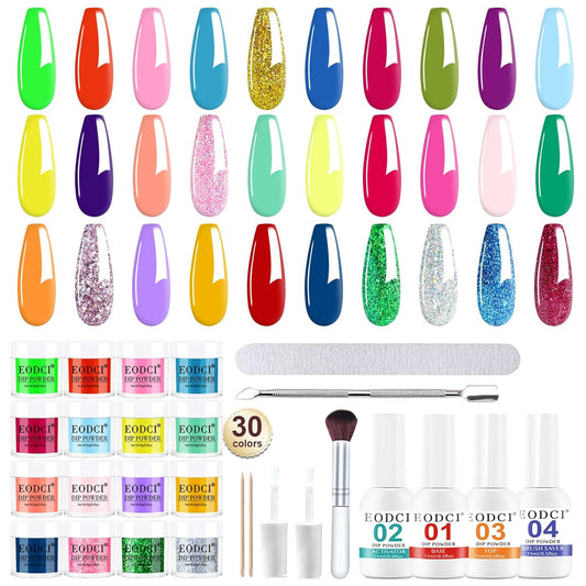 Dip Powder Nail Kit Starter, 30 Colors Dip Nails Bright Hot Pink Glitter, Rainbow Color Acrylic Dipping Powder Liquid Set with Base/Top Coat Activator Brush Saver for Manicure DIY Gift