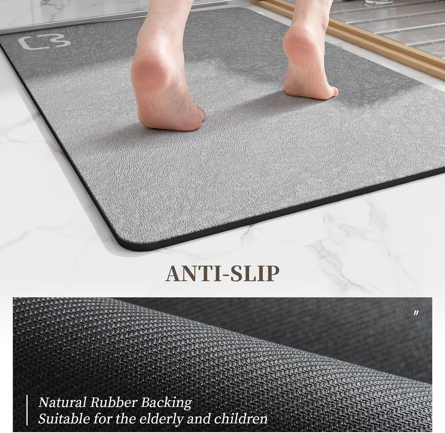 Diatomaceous Earth Bath Mat Rugs Super Absorbent Diatomite Stone Bath Mat Non Slip Quick Dry Thin Bathroom Mat Fit Under Door, Floor Rugs in Front of Bathtub, Shower Room, Sink,15.7"x23.6", Grey