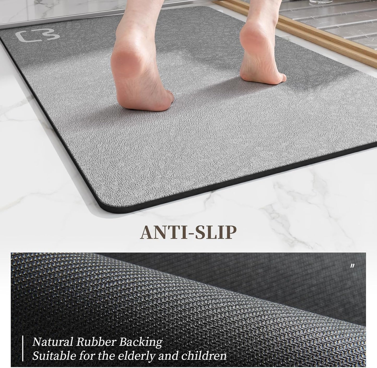 2 Piece Bathroom Mat Rugs Set - Quick Dry Absorbent Diatomaceous Earth Bath Mat Non-Slip Bathroom Floor Mat with Rubber Backing, Thin Bathroom Rugs Fit Under Door, 15.7x23.6+15.7x47.2 Inch, Grey