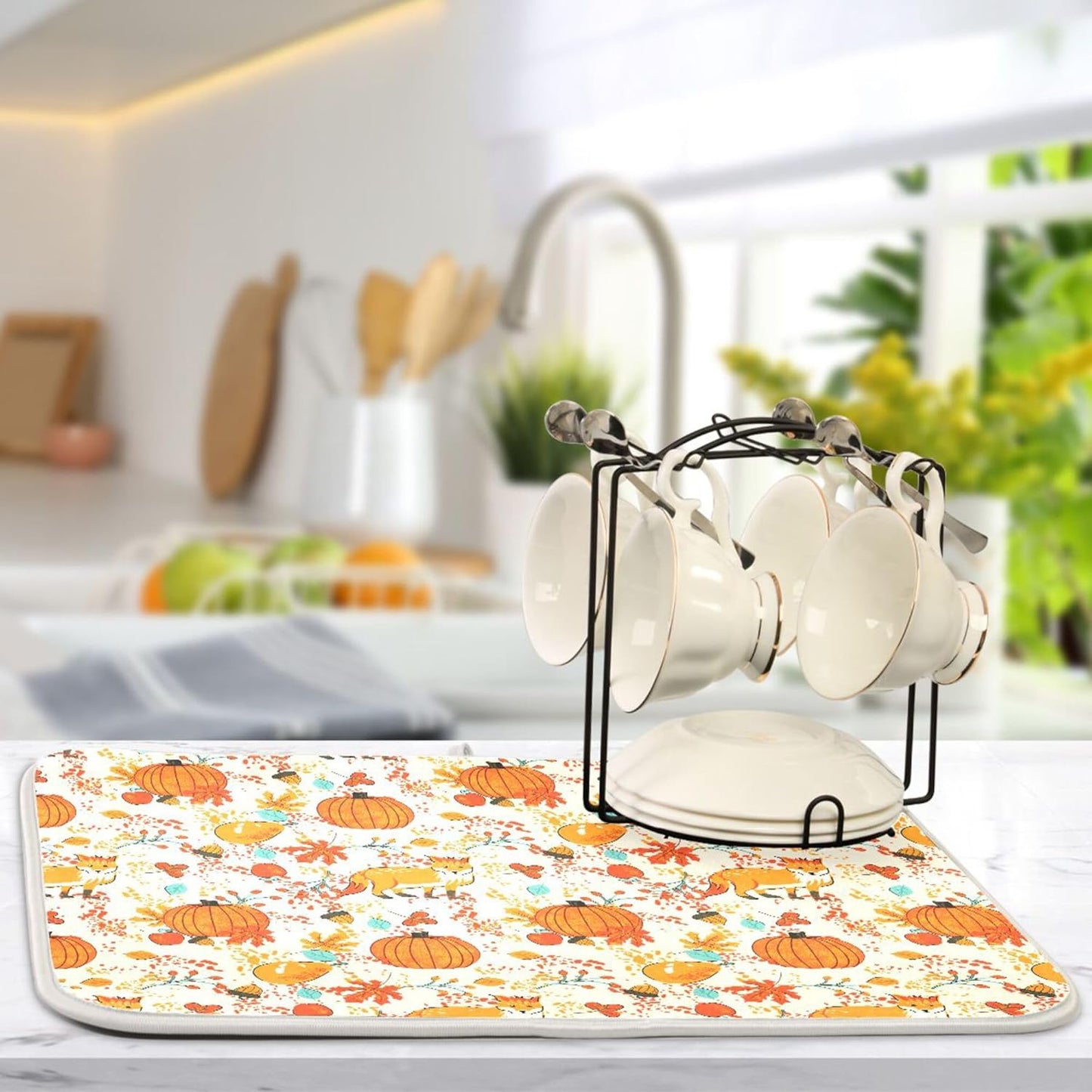 Fall Fox Dish Drying Mat for Kitchen Countertop 18x24 Autumn Chestnuts Pumpkin Berry Thanksgiving Day Large Drying Mat Reusable Quick Dry Dish Sink Mats Easy Clean Decorative Essentials