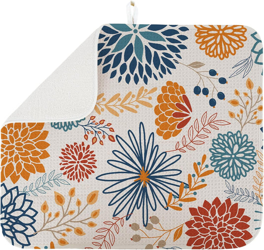 Dish Drying Mat for Kitchen Counter Large 16" x 18" Modern Flower Absorbent Microfiber Dishes Drainer Rack Mats Pad Reusable Washable