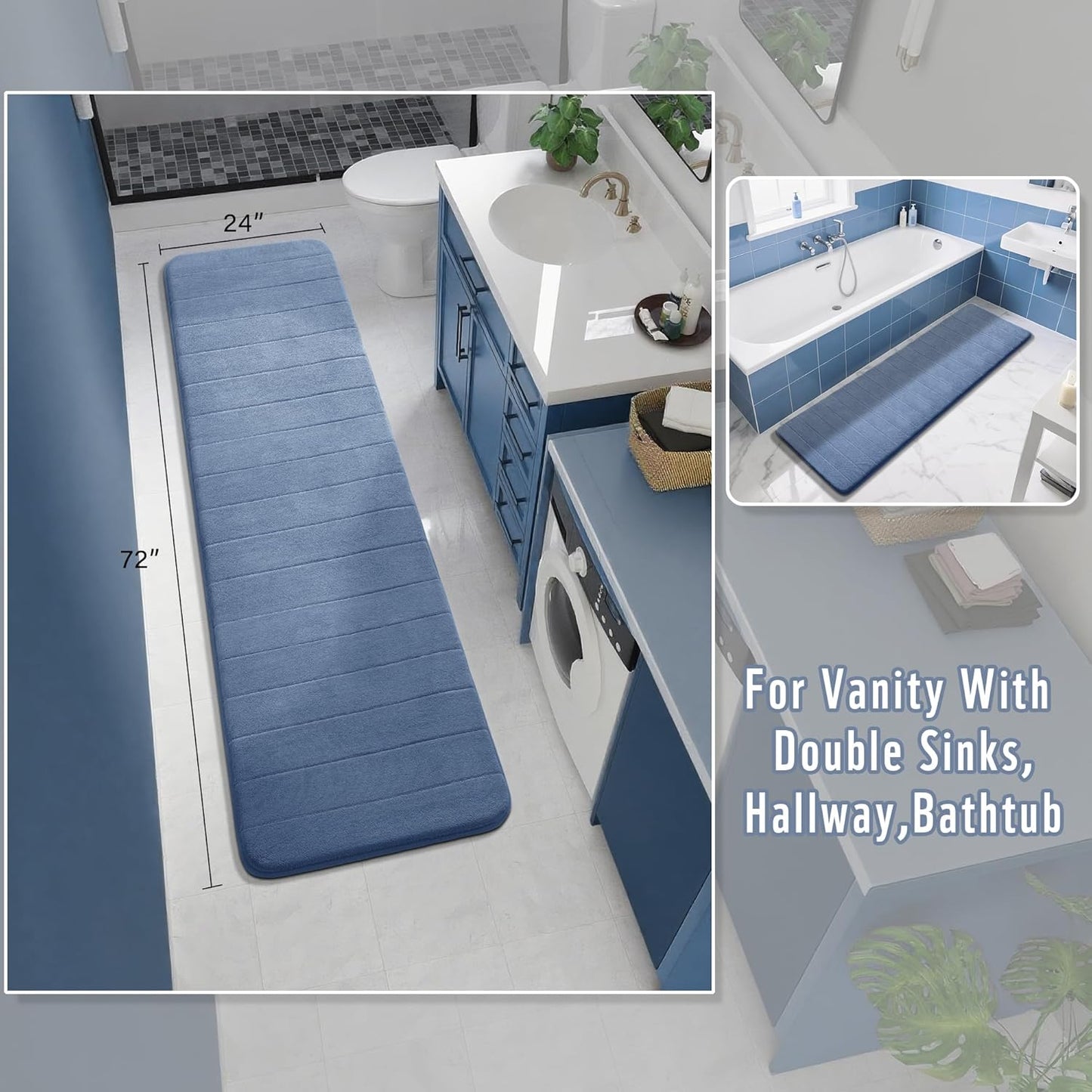 Yimobra Bathroom Runner Rugs 72"x24" Non Slip Washable Memory Foam Bath Mat, Super Soft Water Absorbent Hallway Carpet for Vanity Tub Shower, Denim Blue
