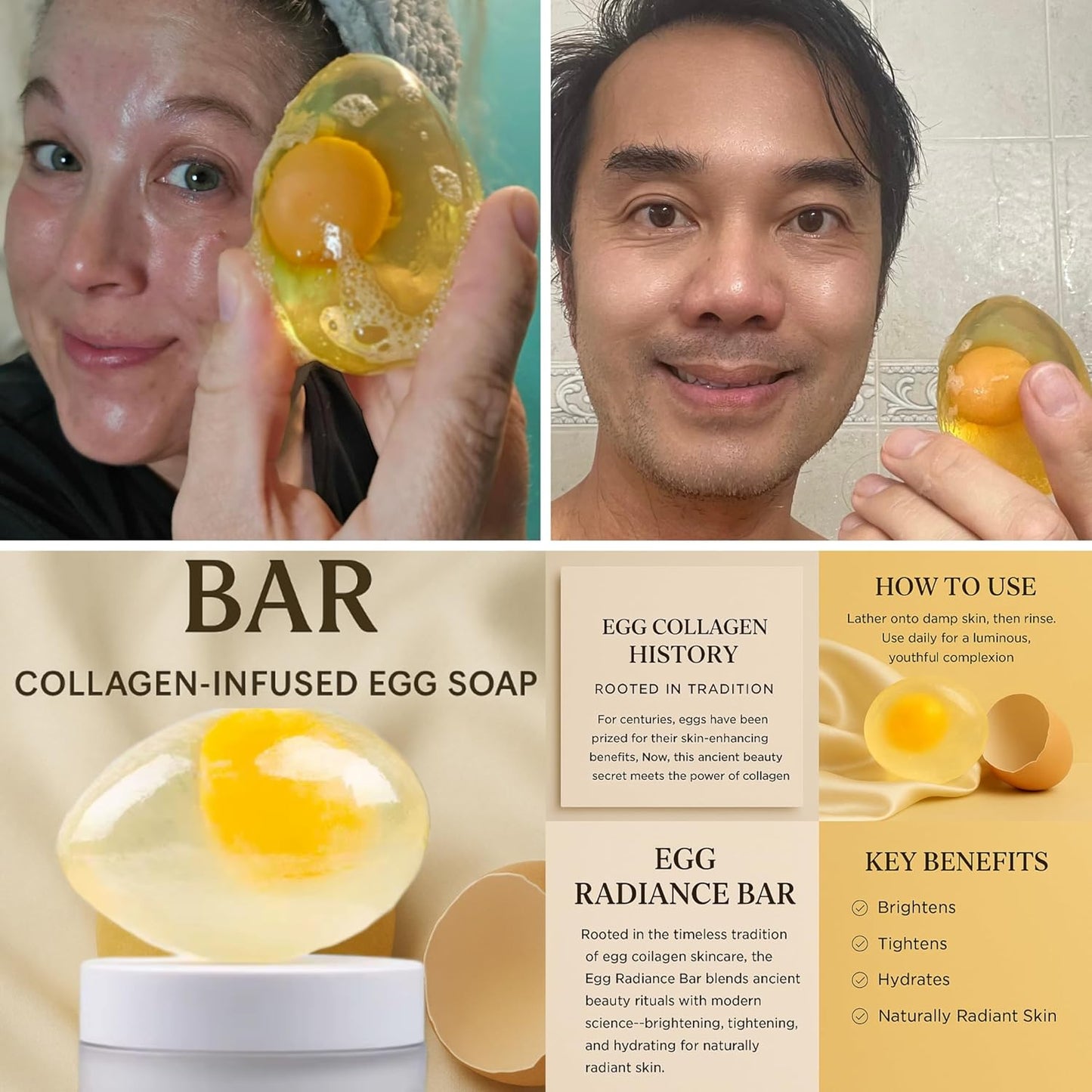 L & L Supplement EggSilk Egg Soap Radiance Bar with Yolk Extract | For Smooth, Glowing Skin | Gentle for Face & Body, All Skin Types | Sulfate-Free, Cruelty-Free, Clean Beauty | 80g