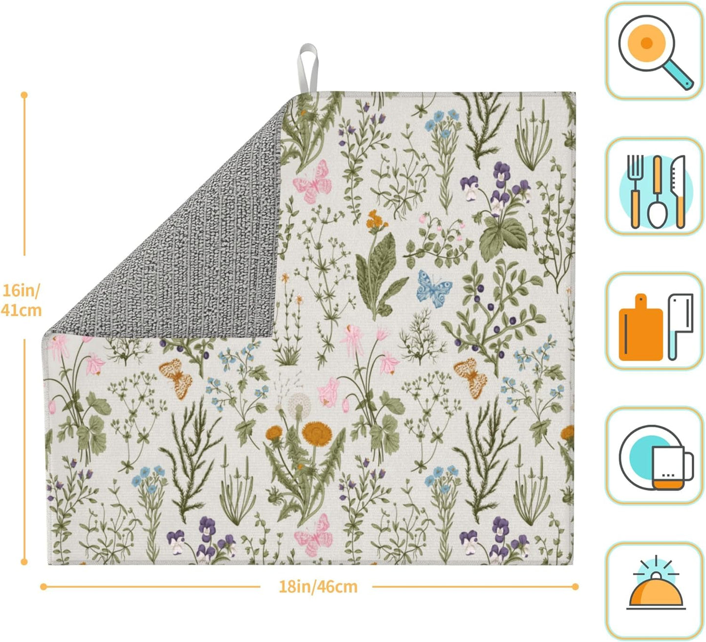 Vintage Floral Kitchen Drying Mat Herbs and Wild Flowers Microfiber Dish Drainer Mat for Kitchen Counter Cute Botanic Spring Summer Drying Pad Absorbent Reusable Washable 16x18 Inch