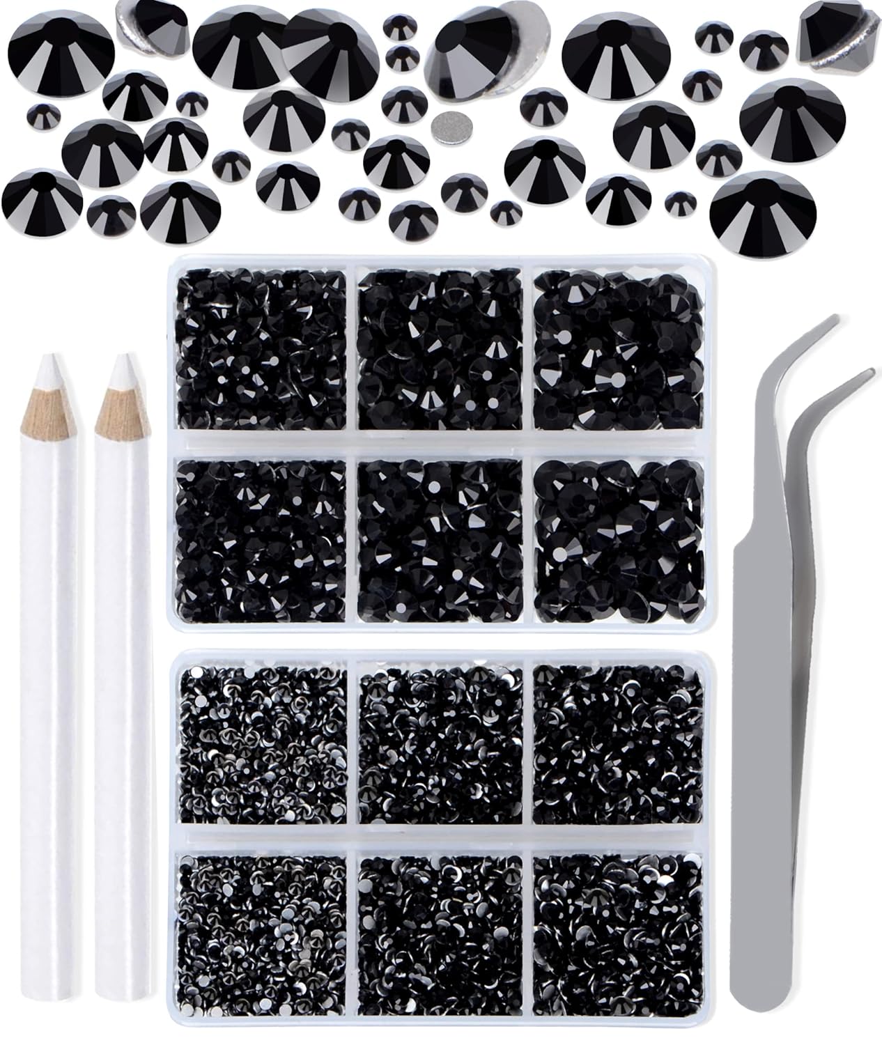 LPBeads 6000 Pieces Black Non Hotfix Rhinestones 6 Sizes Round Crystal Glass Flat Back Rhinestones with Tweezers and Picking Pen for Nail Art Crafts Clothes Bags DIY