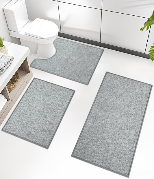 chakme Bathroom Rug Sets 3 Piece, Ultra Thin Bath Mat Quick Dry Bath Mat Set, Absorbent Bath Mat for Bathroom Non Slip Machine Washable, (Light Grey, 3 Piece)