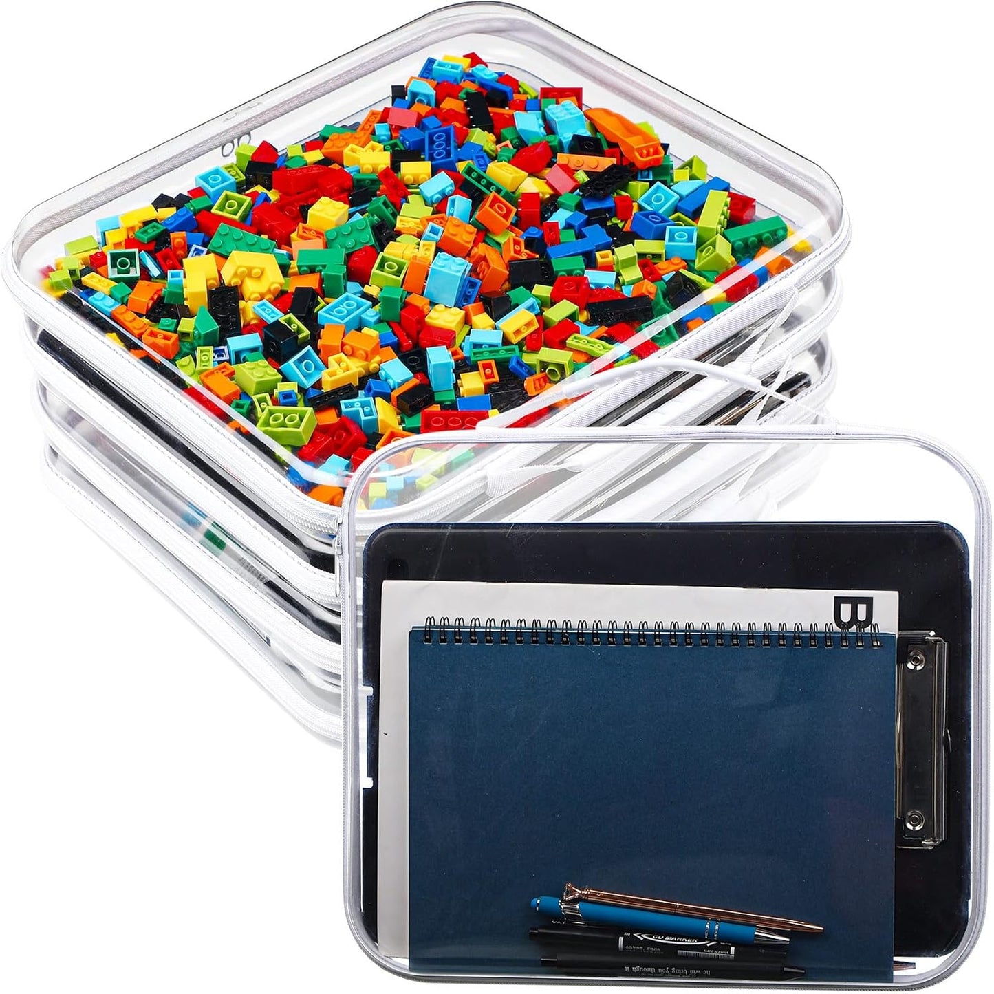 Sanwuta 4 Pcs Clear Hard Zipper Case with Handle Office Storage Cases Hard Plastic Pouches Transparent Bins for Toys, Snacks, Cosmetics, Building Blocks, Puzzles(13.8 x 11.8 x 2 Inches,White)