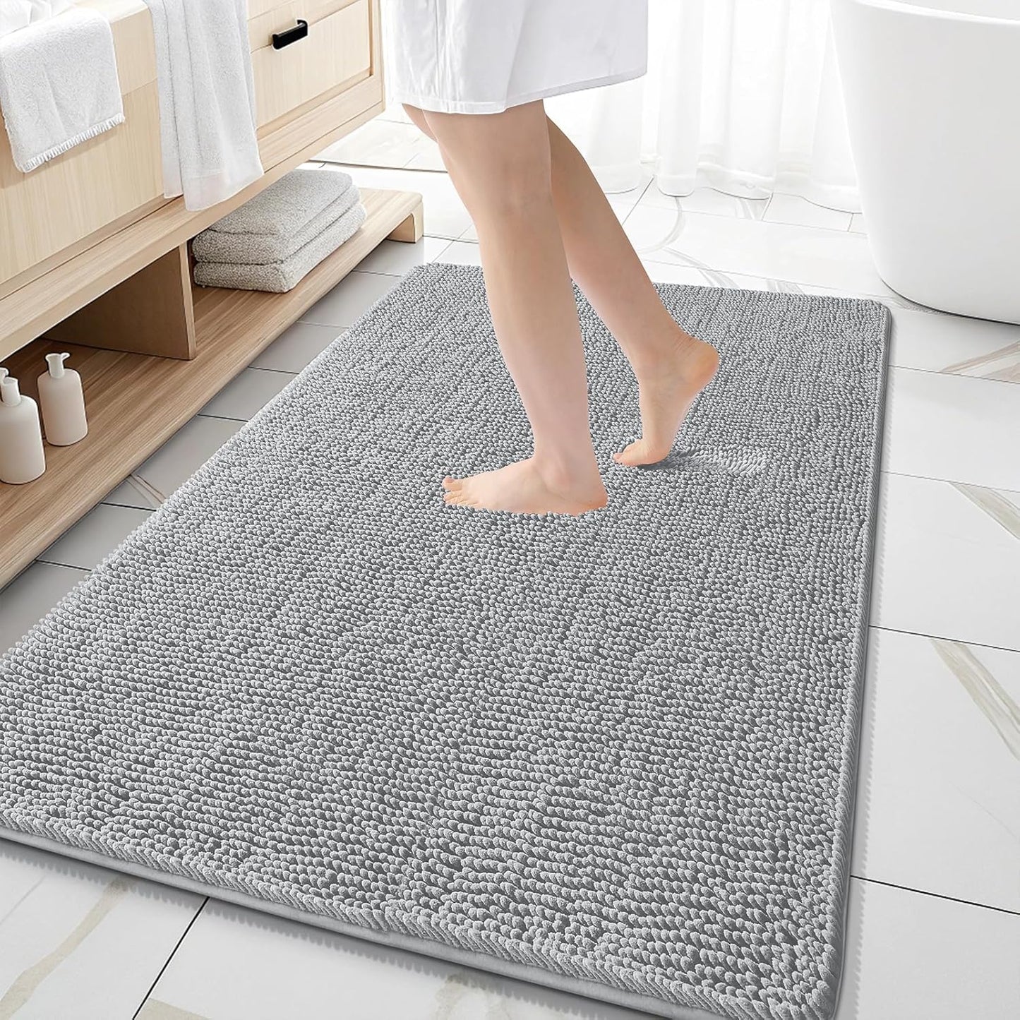 OLANLY Bathroom Rugs 59x35, Extra Soft Absorbent Chenille Bath Rugs, Rubber Backing Quick Dry, Machine Washable Bath Mats for Bathroom Floor, Tub and Shower, Home Decor Accessories, Light Grey