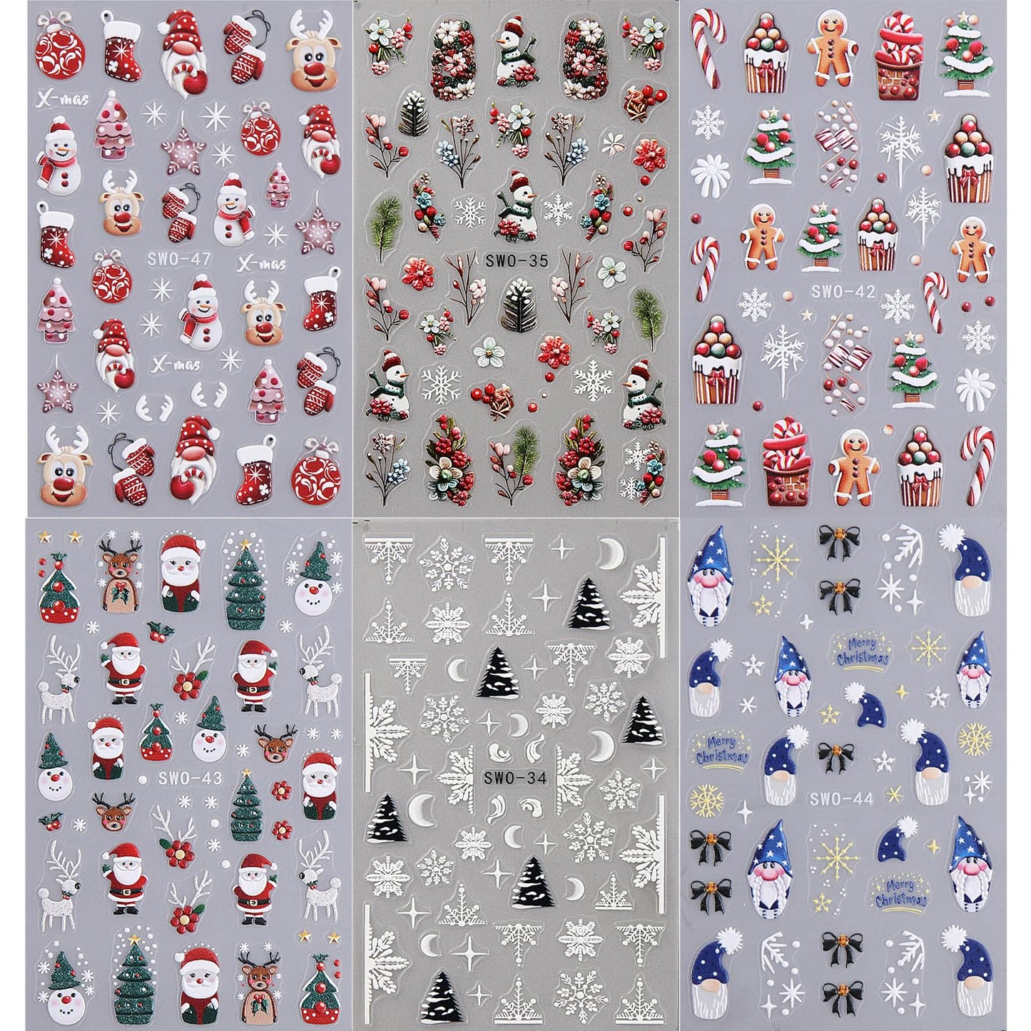 6 Sheets Christmas Nail Art Stickers 5D Self-Adhesive Embossed Cartoon Santa Claus Elk Bluebird Designs Xmas Decals Winter Christmas Snowflake Lamp Ball Nail Stickers Supplies for DIY Manicure Decor