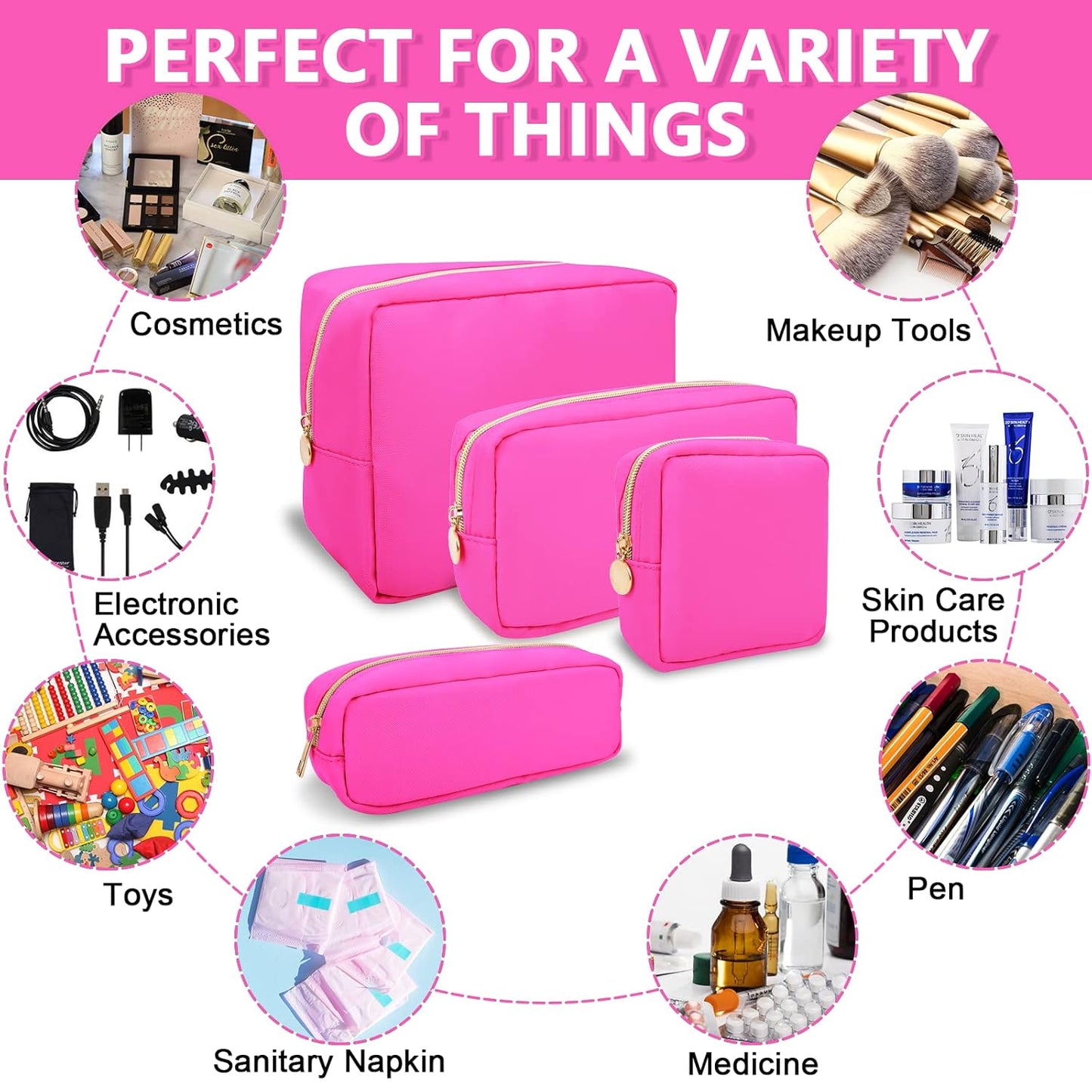 Large Makeup Bag Pouch,Nylon Women Travel Toiletry Storage Bag Preppy Cosmetic Bag for Girls,Big Makeup Organizer Bag Cute Zipper Pouch Skincare Bag for Sport Work Gift(Large-Bubblegum)