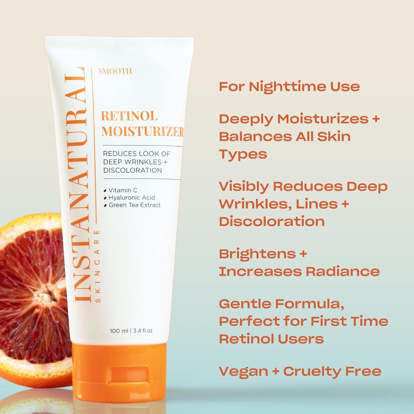 InstaNatural Retinol Moisturizer Nighttime Face Moisturizing Cream, Brightens and Reduces Signs of Aging, Wrinkles, Lines and Discoloration, with Vitamin C and Hyaluronic Acid, 3.4 Fl Oz