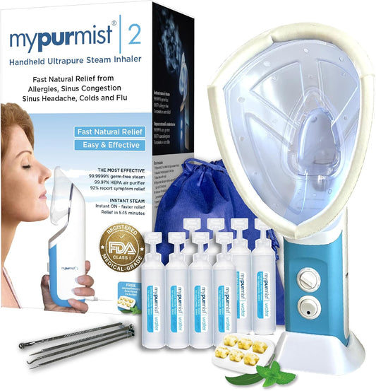 Mypurmist® Essential Kit Plus Facial Steam - Steam Inhaler & Facial Steamer Combo, Personal Handheld Ultrapure Steam - Sinus Congestion Cold Cough Relief Vocal Care Skincare (Plug-in)