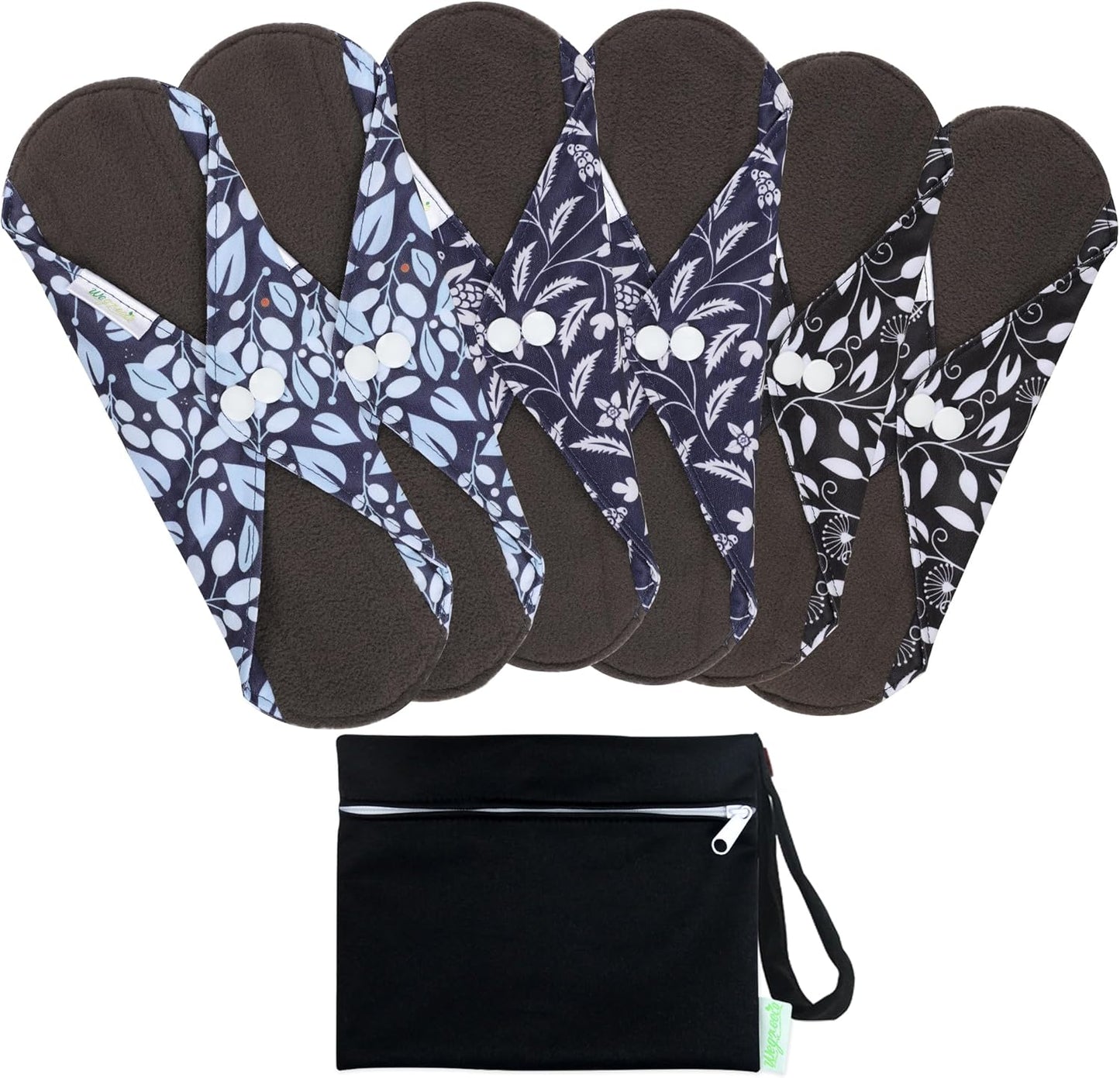 wegreeco Reusable Menstrual Pads - Reusable Sanitary Pads | Reusable Panty Liners | Soft Cloth Menstrual Pads - 6 Pack with 1 Cloth Mini Wet Bag (Medium, Leaves 02)