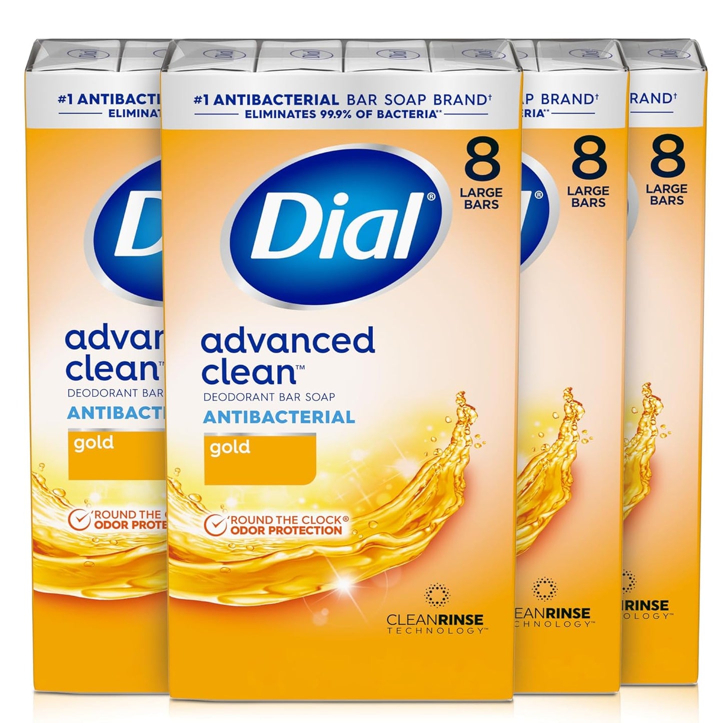 Dial Antibacterial Deodorant Bar Soap, Advanced Clean, Gold, 4 Oz, 32 Bars