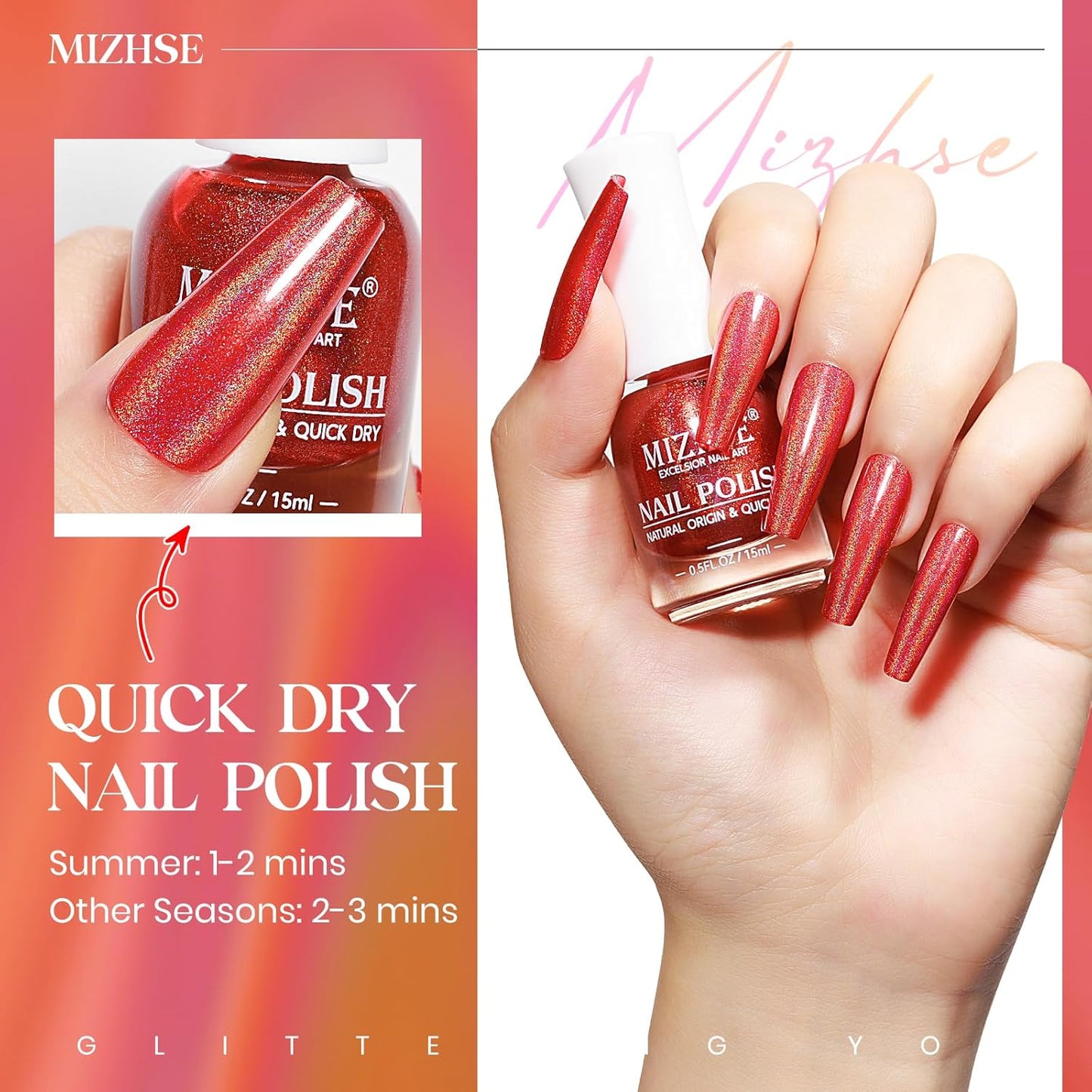MIZHSE Holographic Nail Polish, Red Glitter Nail Polish Air Dry Fast, 15 ml 0.5 fl oz High Glossy Shiny Nail Pigment Oil-based Laser Iridescent Chrome Halo Nail Art Salon Manicure Home