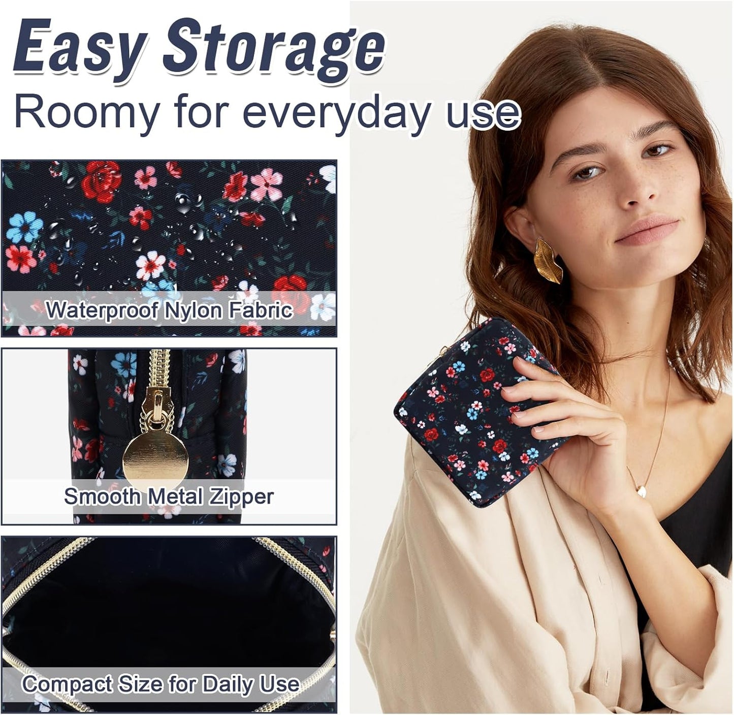 Nylon Mini Floral Makeup Bag for Purse, Small Cute Makeup Bag Preppy Cosmetic Zipper Pouch Purse, Waterproof Travel Coin Pouch Sanitary Napkin Storage Bag Makeup Organizer for Women(Navy Blue-Flower)