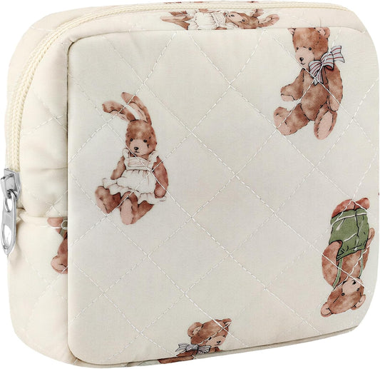 Small Quilted Cotton Makeup Bag for Purse Mini Cosmetic Period Bag for Women Cute Small Bear Makeup Sanitary Pouch Portable Travel Toiletry Bags with Zipper Slip in Pockets Birthday Gifts