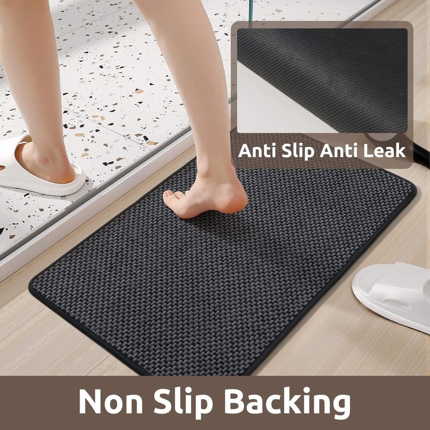 AMOAMI Chenille Bath Mat Super Absorbent Bathroom Mat Quick Dry Bath Mats for Bathroom Rubber Backed Bathroom Rugs Non Slip Washable Fit Under Door, Front of Bathtub, Sink, Darkgrey&Black 20"x32"