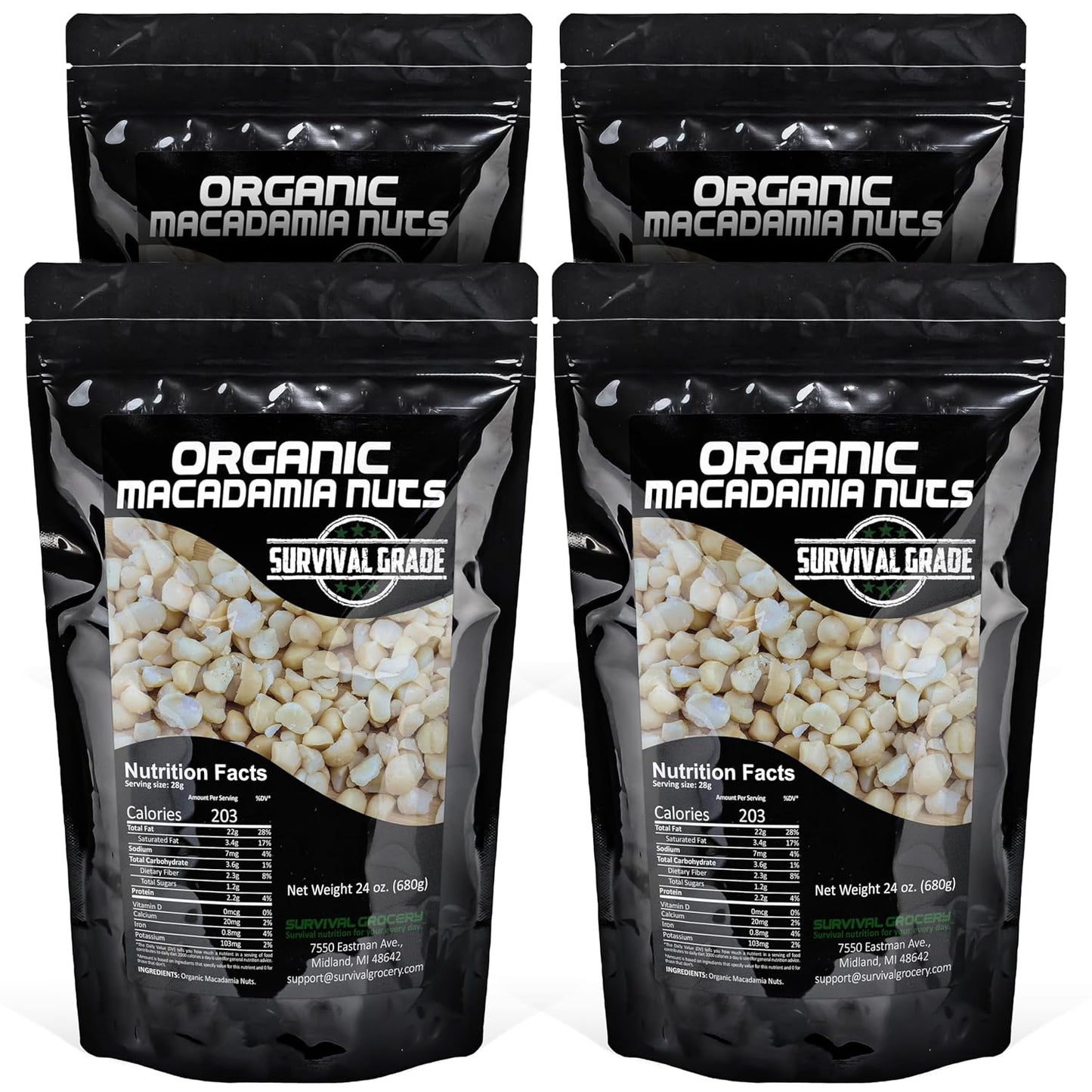 Survival Grocery® Organic Macadamia Nuts – Keto-Friendly Healthy Fats & Plant Protein, Oxygen- & Light-Barrier Packaging + O₂ & Moisture Packs, (Single or Multi-Pack Savings) (96 oz./4 Bags)