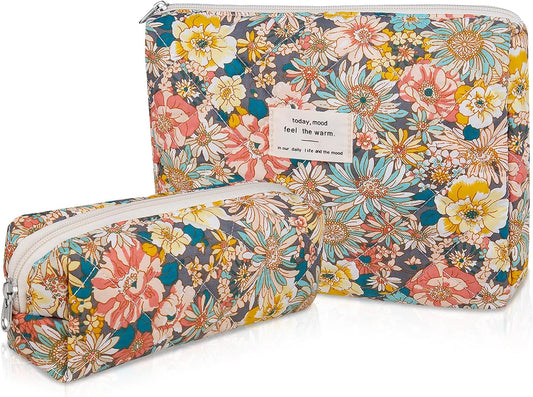 2PC Makeup Bag Set, Cute Cosmetic Bag for Women Girls, Floral Coquette Aesthetic Toiletry Bag, Travel Make Up Organizer Bag (South Twigs Flower)