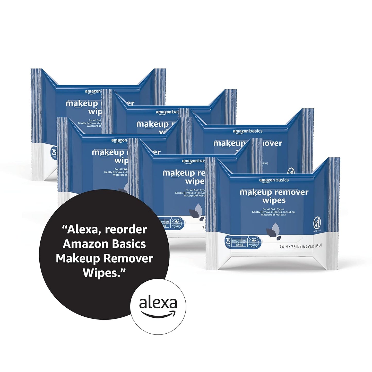 Amazon Basics Makeup Remover Wipes, Gentle Cleansing, Dermatologist Tested, Original, Plant Based, Alcohol Free, Removes Waterproof Mascara, 25 Count Per Pack, Pack of 6 (Previously Solimo)