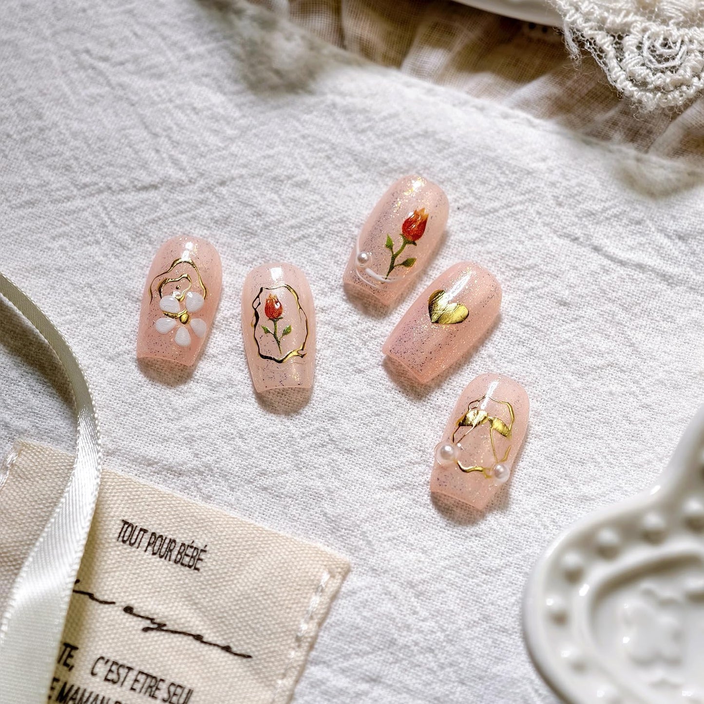 Gold Nail Stickers Flower Nail Decals for Nails Art Tulip Nail Art Stickers with Design Heart Nails Art Decals Self Adhesive Sticker for Women Girls Kid Manicure Charms Supply Accessories