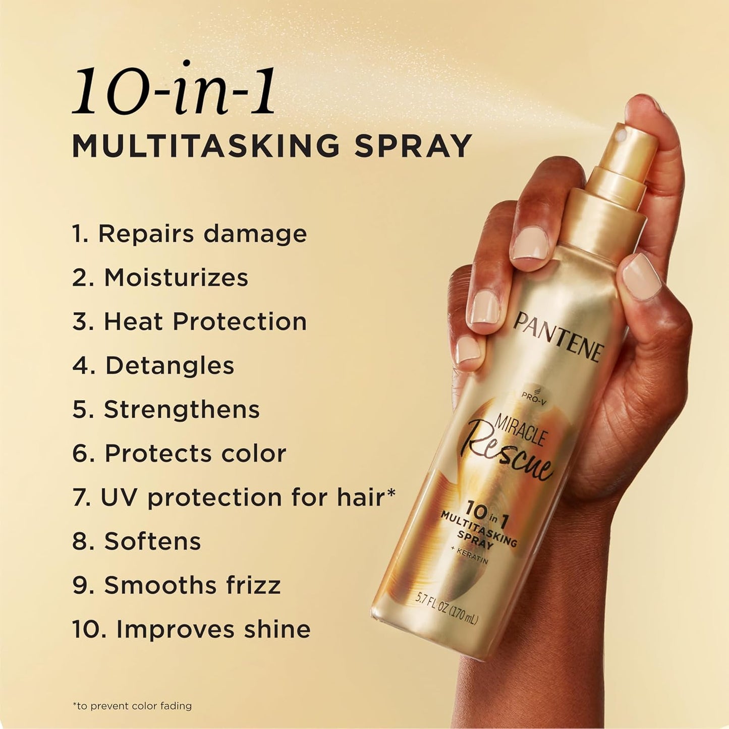 Pantene Miracle Rescue 10in1 Multitasking Spray - Heat Protection, Detangles, Repairs Damaged, Dry Hair, Improves Shine, Leave-In Conditioning Treatment with Keratin and Pro-Vitamin B5, 5.7 oz