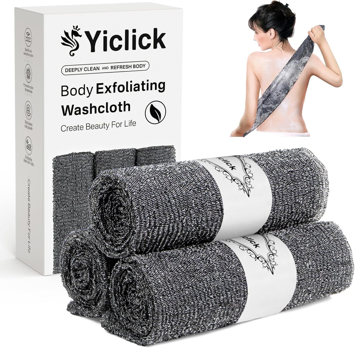 Yiclick Exfoliating Washcloth Towel [3 Pack], Japanese Exfoliating Bath Wash Cloth for Body Exfoliation, Korean Back Scrubber Washer for Shower, African Net Sponge Brush Loofah Exfoliator (Grey)