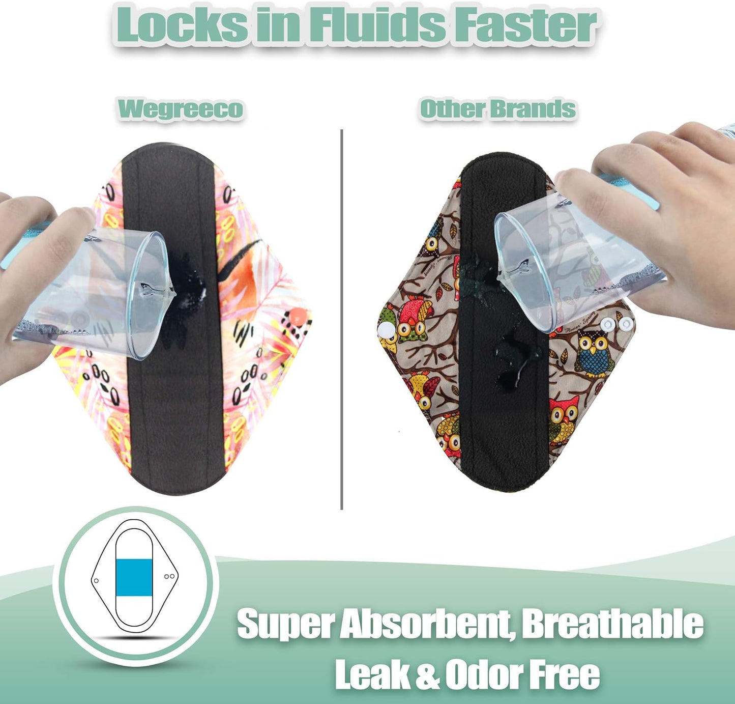 wegreeco Reusable Menstrual Pads - Reusable Sanitary Pads | Reusable Panty Liners | Soft Cloth Menstrual Pads - 6 Pack with 1 Cloth Mini Wet Bag (Large, Leaves