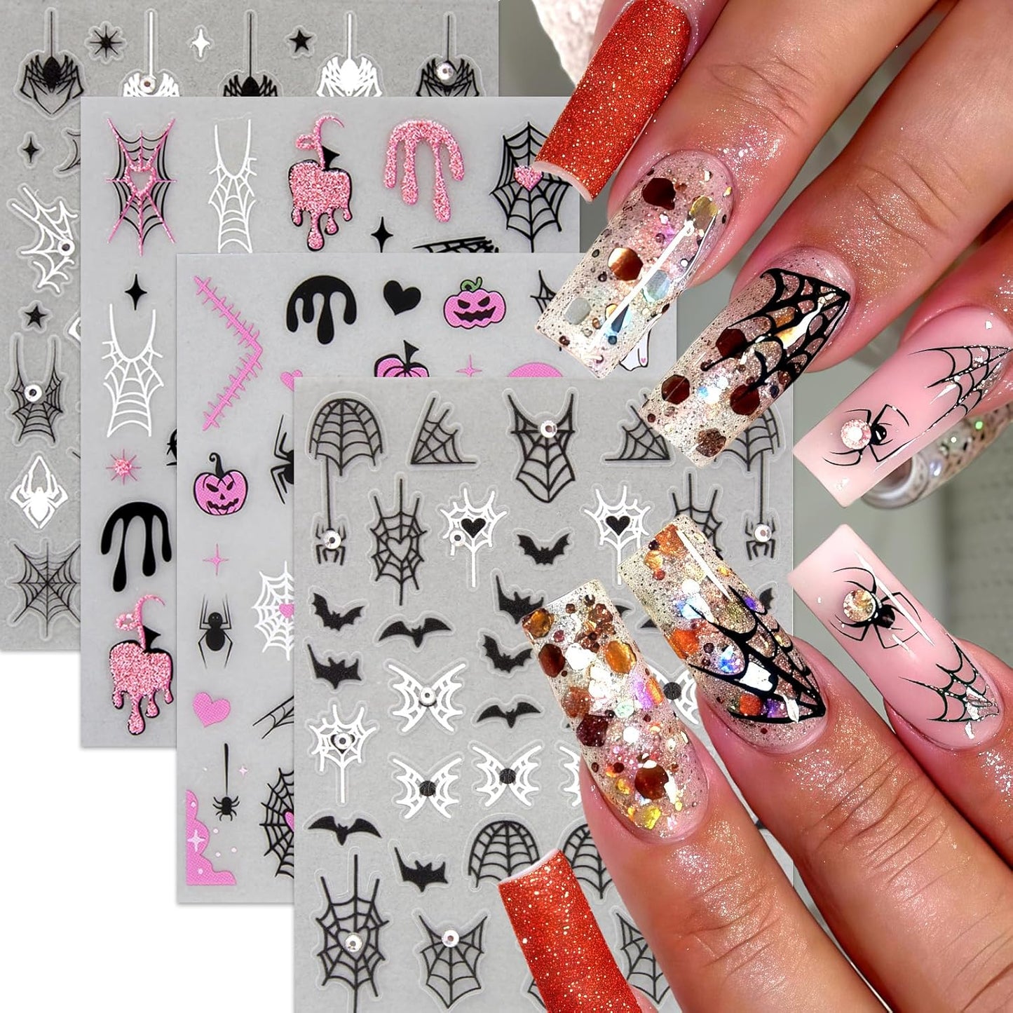 8Sheets Halloween Nail Stickers for Nail Art Black White Spider Web Nail Decals Black Pink Stars Love Rhinestones Spider Design Nail Supplies Bats Nail Art Stickers for Women DIY Manicure Decorations