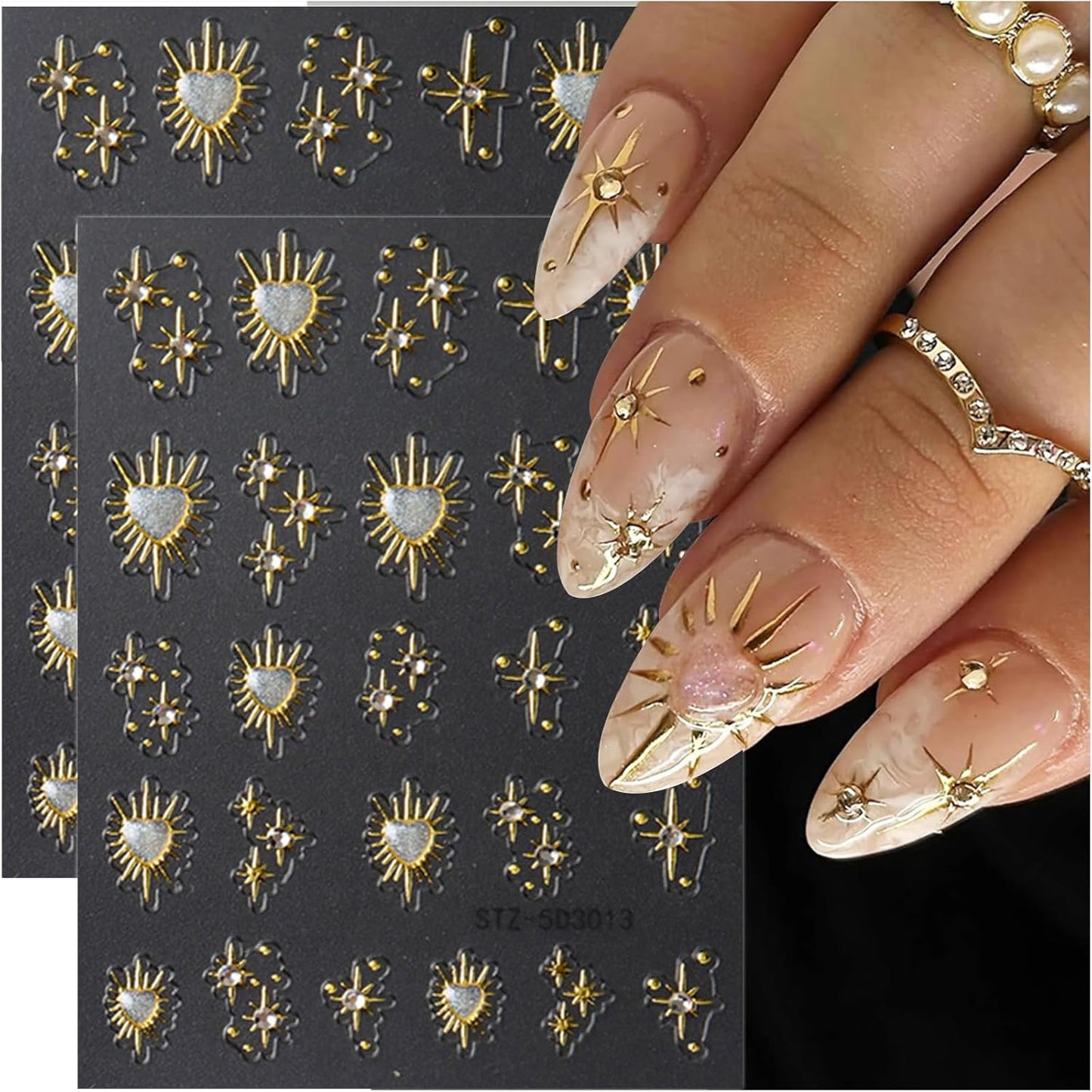 5D Star Nail Art Stickers Gold Nail Decals Rhinestone Design 2PCS Embossed Self-Adhesive Heart Star Moon Nail Supplies DIY Slider Manicures Accessories Stars Nail Art Stickers for Women Decorations