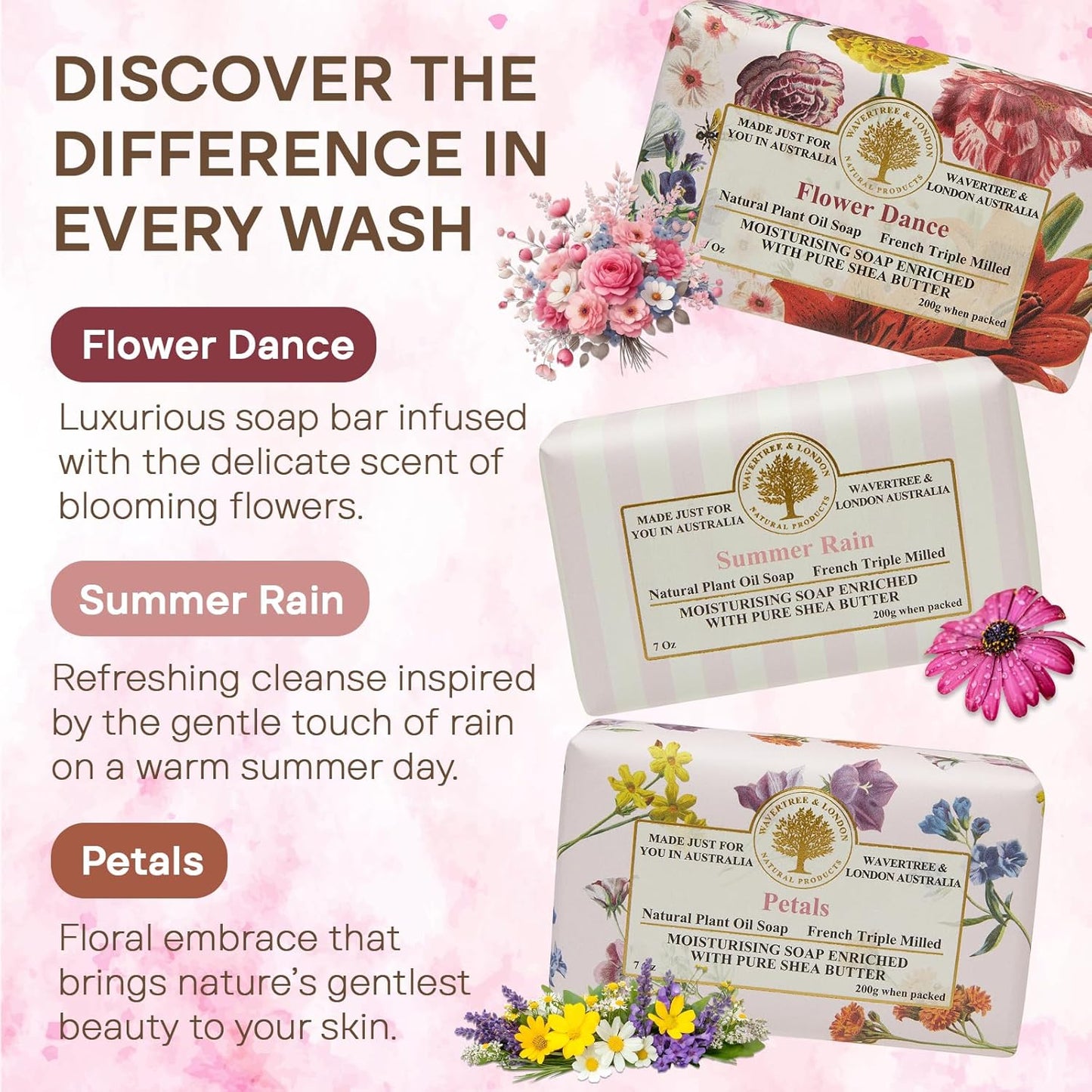 Wavertree & London Flower Dance Trio Natural Soap Bars 7 OZ, Pack of 3 – Fancy Australian Bar Soap Gift set for Women & Men, French Triple-Milled Luxury Bath Soap Bars Enriched with Shea Butter