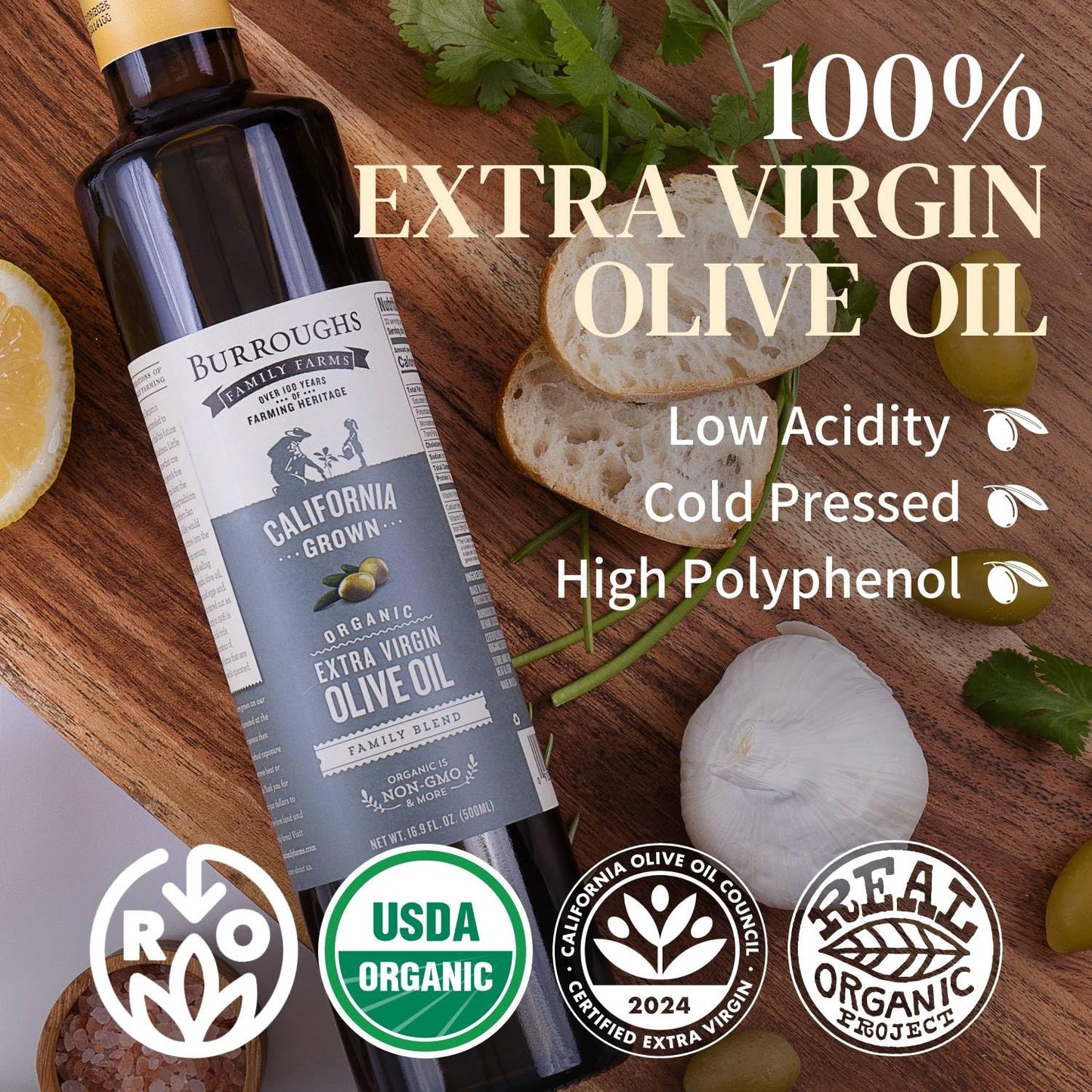 Burroughs Family Farms Premium Organic Extra Virgin Olive Oil – Cold-Pressed California EVOO, Polyphenol Rich Family Blend – Regenerative Organic & USDA Certified, Non-GMO, Gluten-Free – 500ml (16.9 fl oz) Glass Bottle