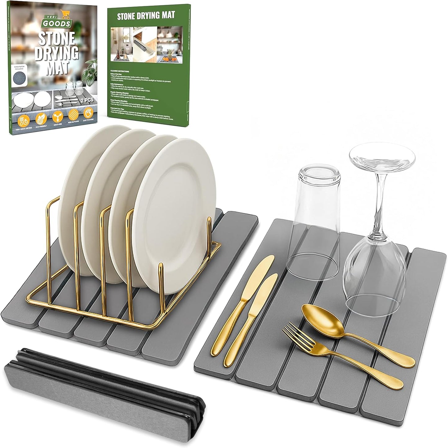 Large Foldable Stone Dish Drying Mat – Diatomaceous Earth, 12"x16" Each or 24"x16" Combined – Fast Dry, Anti-Slip Pad, Sanding Tool & Instruction Manual for Kitchen, Bathroom or RV (2-Pack)