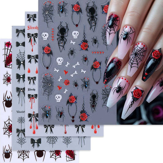 Red Black Halloween Nail Art Stickers Decal 5D Embossed Flower Spider Web Nail Stickers with Rhinestones Bow Blood Drop Nail Decals Self-Adhesive Spider Nail Art Decal for Women Halloween Decor