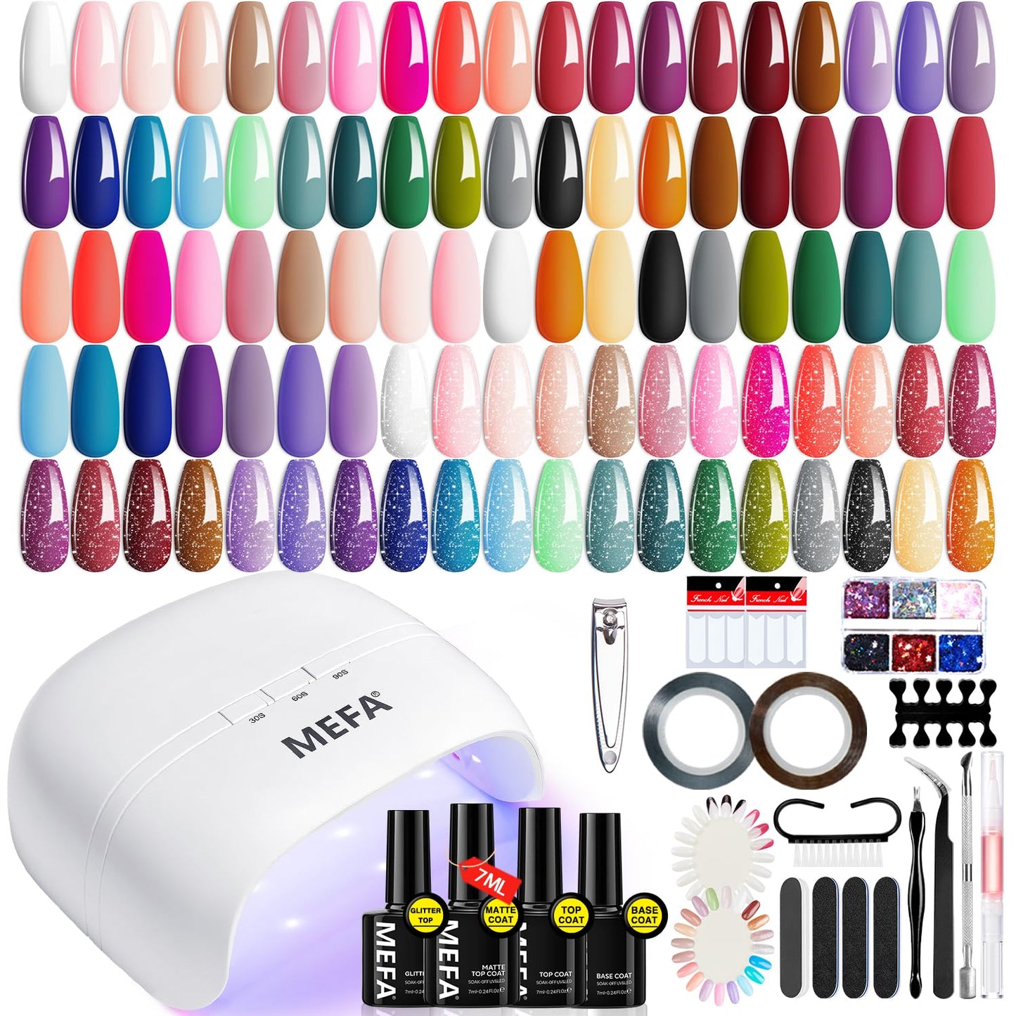 MEFA 60 Pcs Gel Nail Polish Kit with U V Light, 32 Colors Classic Popular Nail Kit Soak Off Nail Polish Gel Set with Base Matte/Glossy Top Coat Nail Art Decorations Manicure Tools DIY Gifts