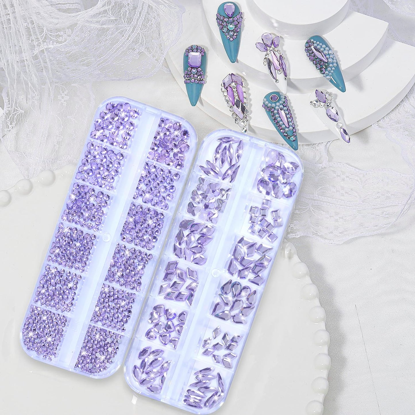 Nail Rhinestones - 3D Multi Shape Size, Flat Back, Crystals Manicure Rhinestones Charms, Light Purple Nail Gems, with Kit, for Nail Art, Bedazzling Acrylic Nails, DIY Decor