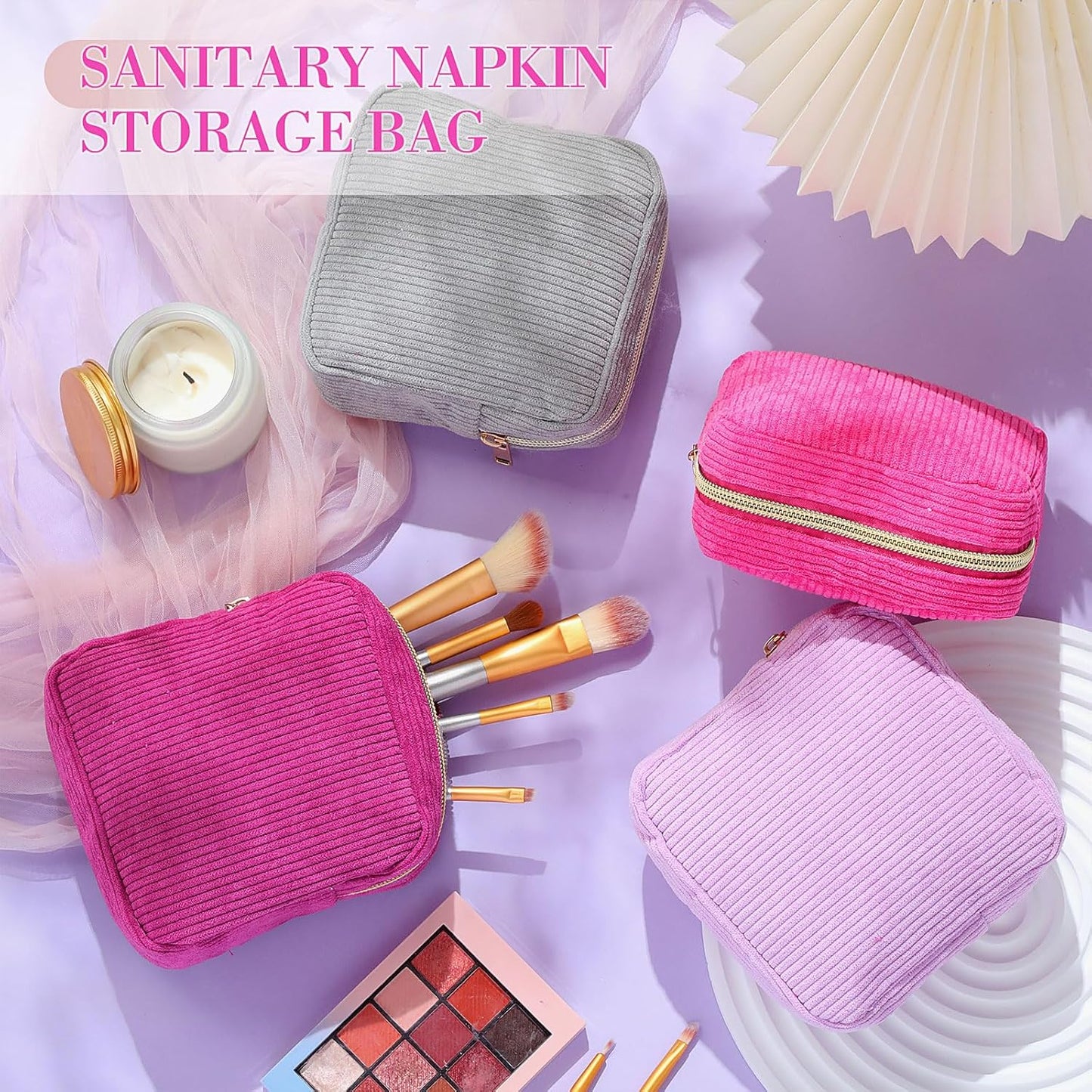 4 Pcs Sanitary Napkin Storage Bag Corduroy Period Bag for School Teen Mini Makeup Preppy Cosmetic Wallet Set for Women Portable First Period Cute Pad Pouch with Zipper (Purple Grey Series)